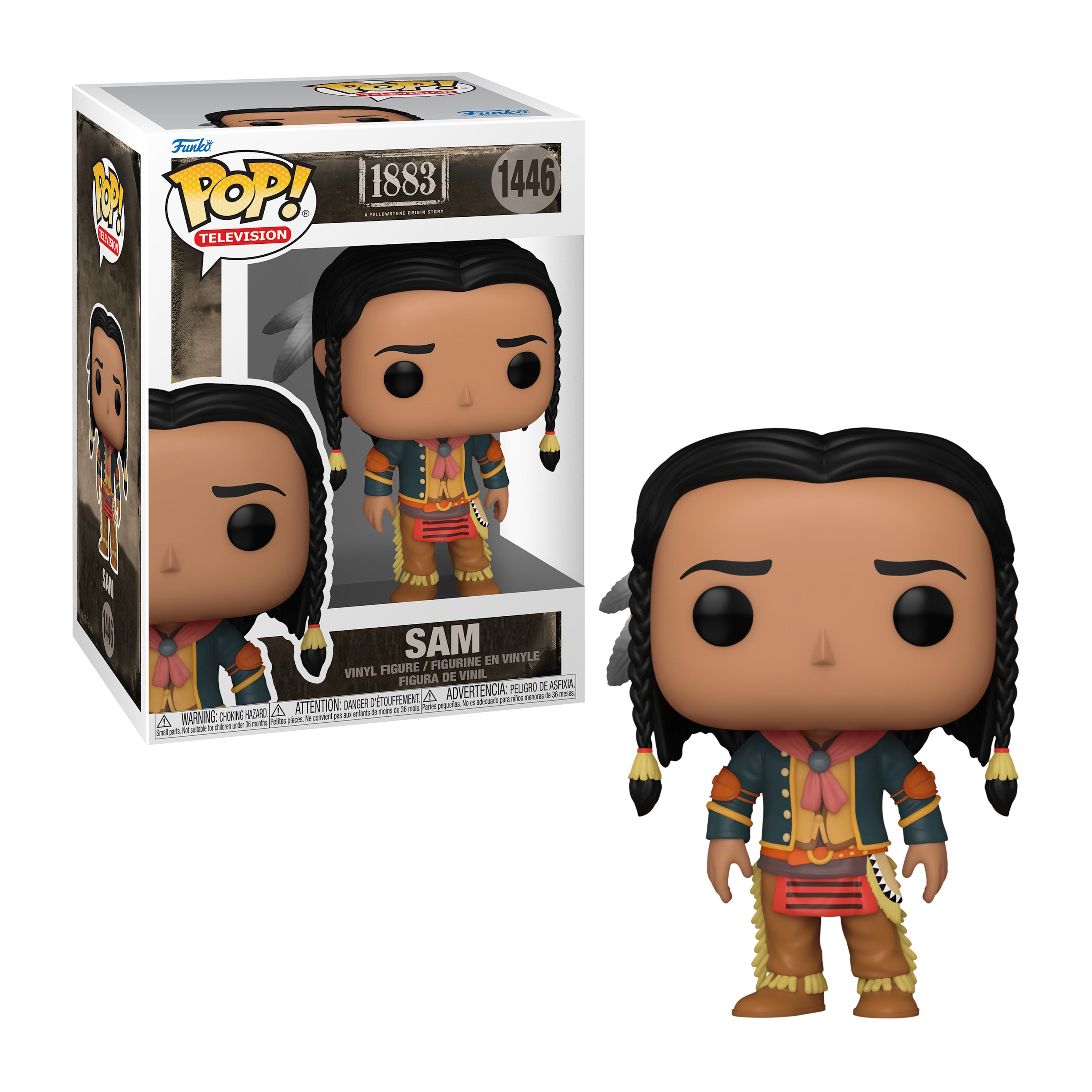 Funko Pop Figur von Sam aus der TV-Serie 1883. Indianerfigur in traditioneller Kleidung. Weißer Hintergrund.