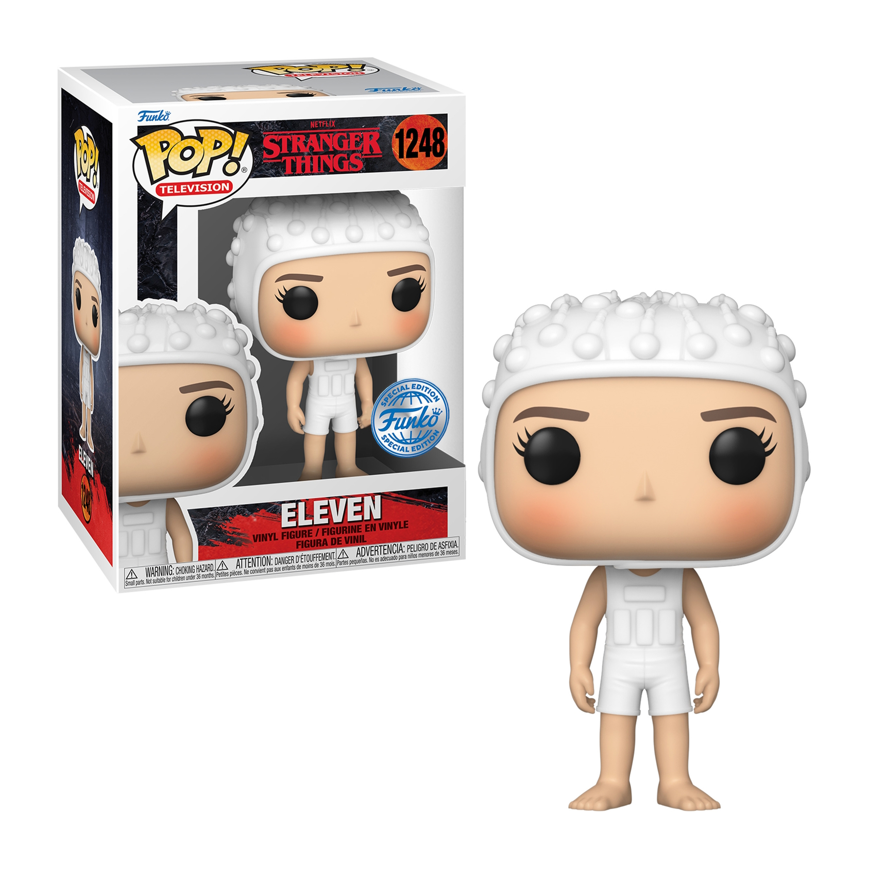Eine Funko Pop Figur von Eleven aus Stranger Things, mit weißem Outfit und Kopfbedeckung.