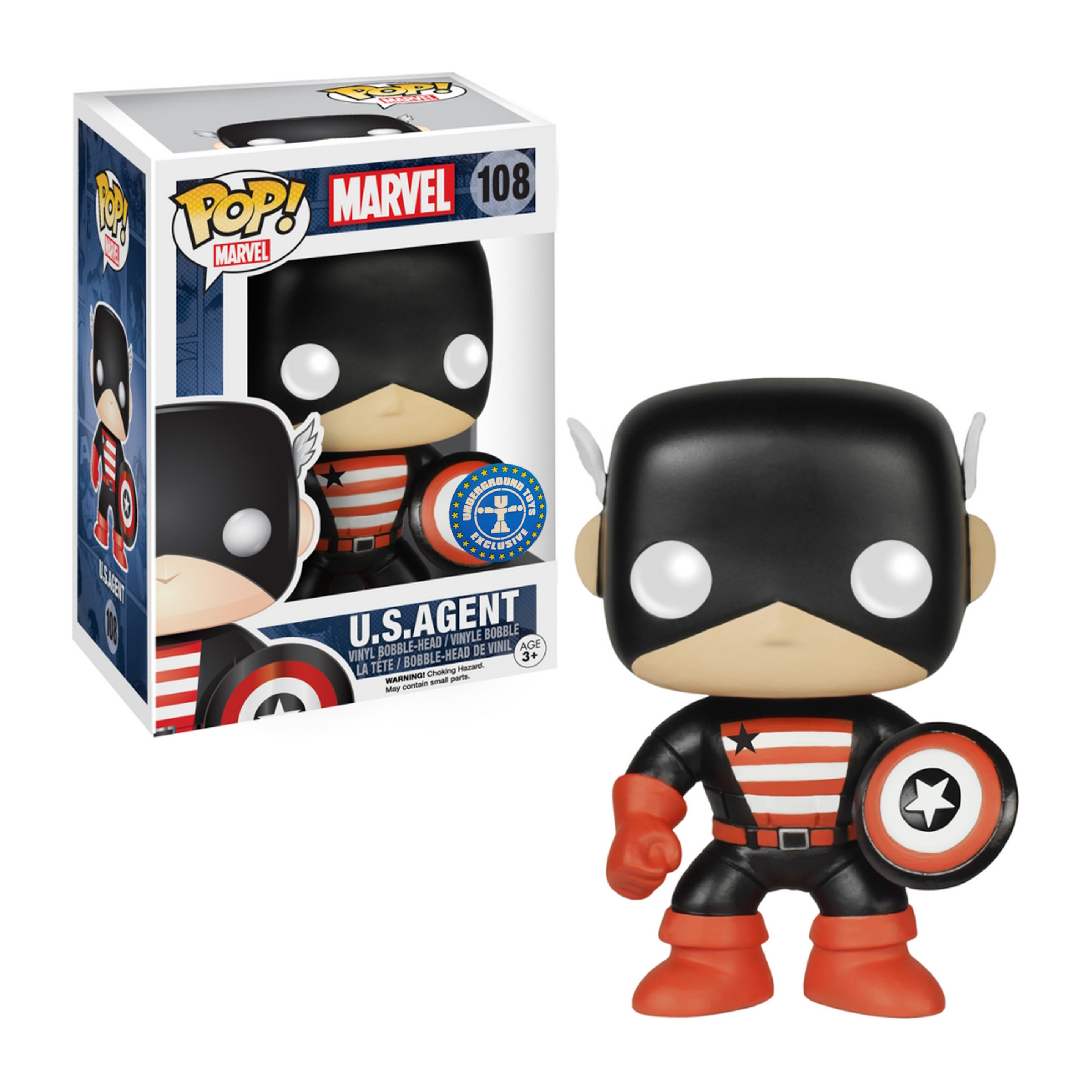 U.S. Agent Funko Pop! Figur in einer Box und ausgestellt. Comic-Stil.