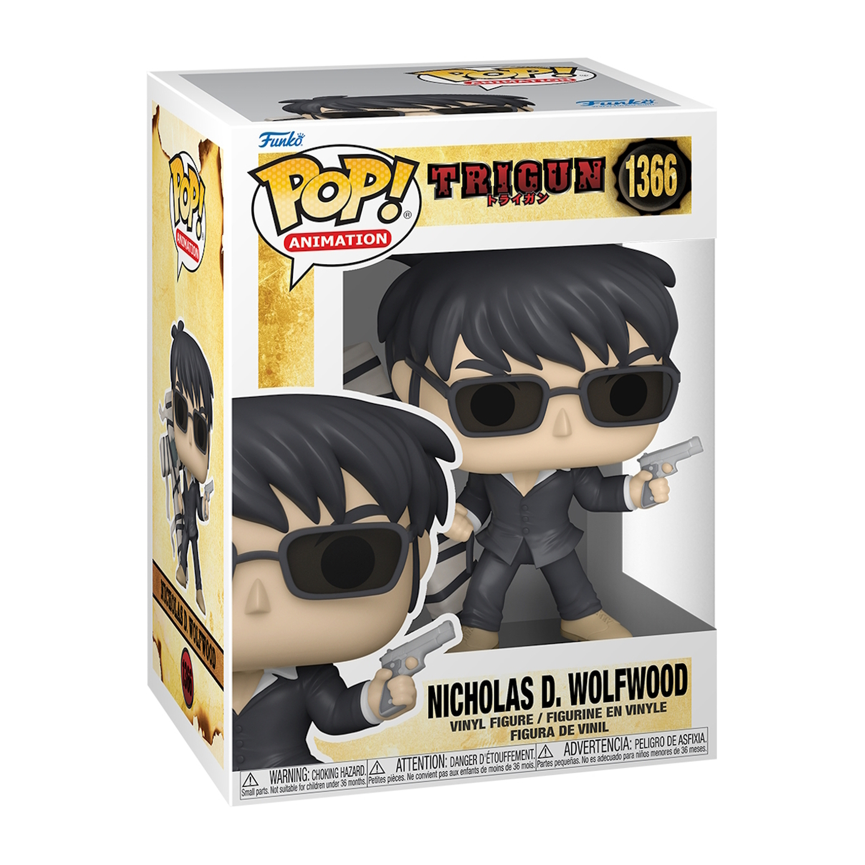 Nicholas D. Wolfwood Figur, mit schwarzem Anzug und Sonnenbrille, in Box.