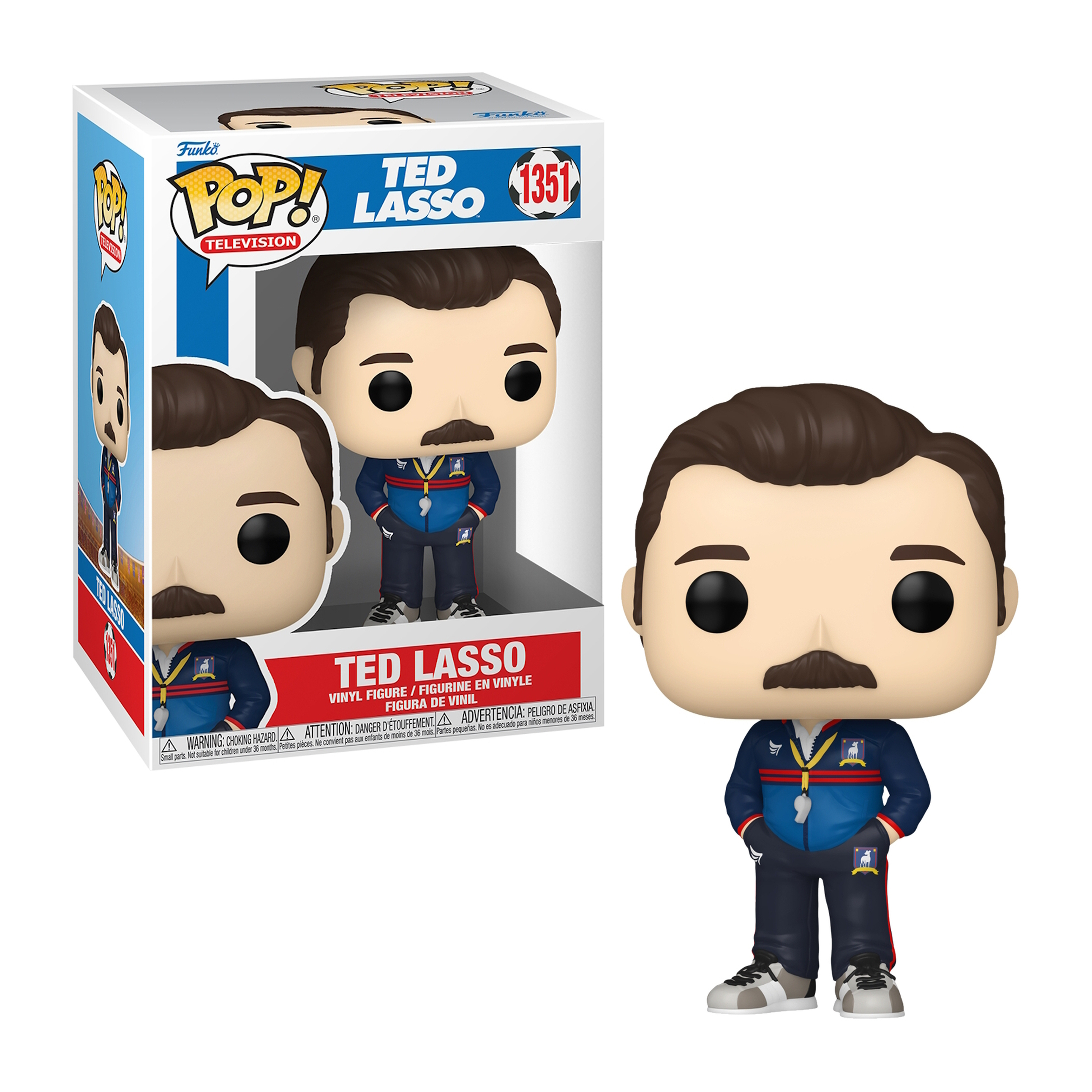 Ted Lasso Pop!-Figur in einer Box und die Figur selbst, mit blauem Trainingsanzug und Schnurrbart.