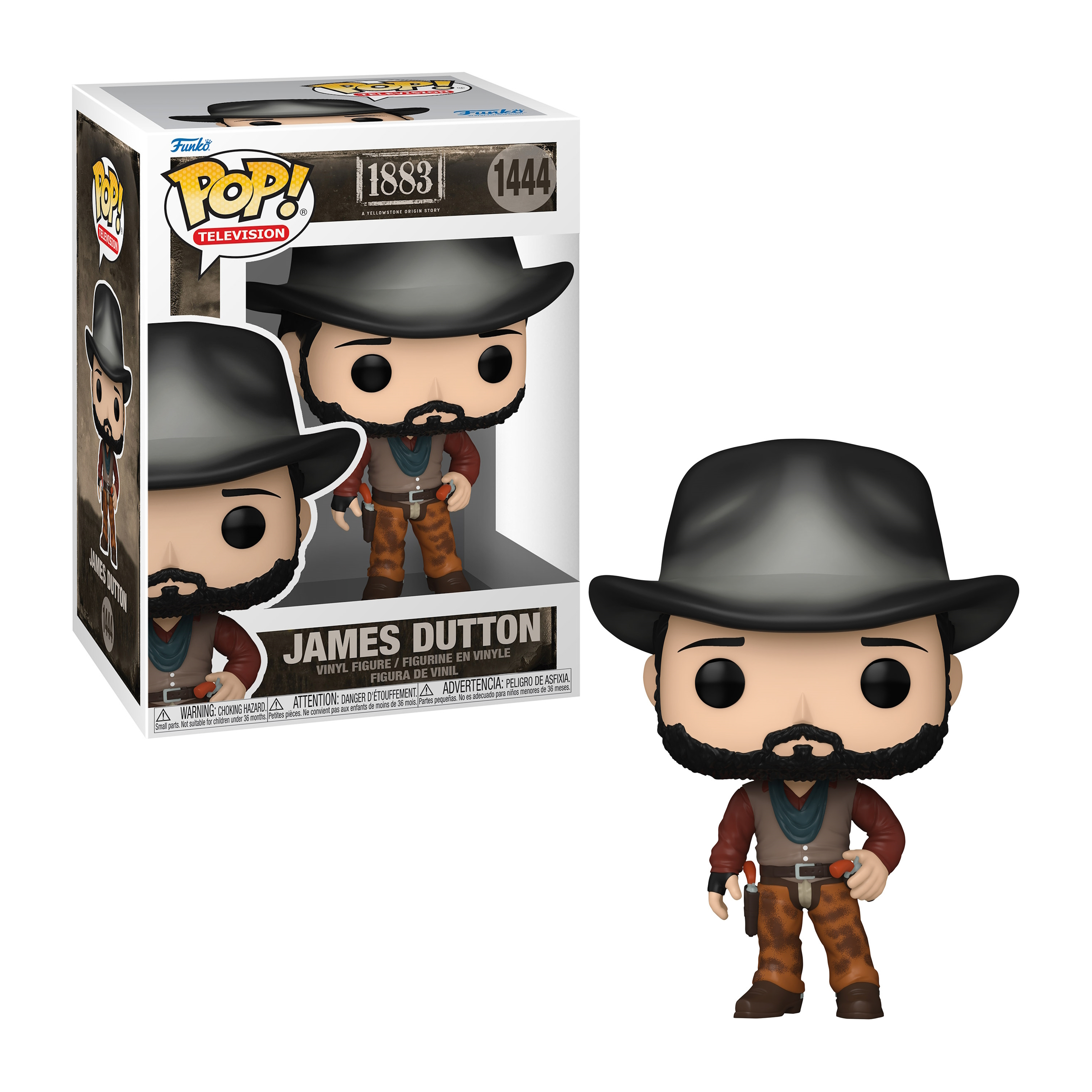 Eine Funko Pop-Figur von James Dutton, einem Cowboy mit Hut und Bart, mit einer Box.