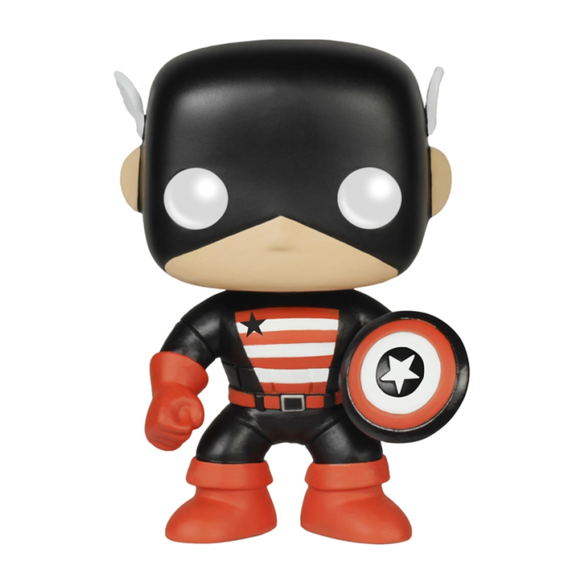 Eine Funko Pop Figur eines Superhelden in einem schwarz-roten Anzug mit Schild.