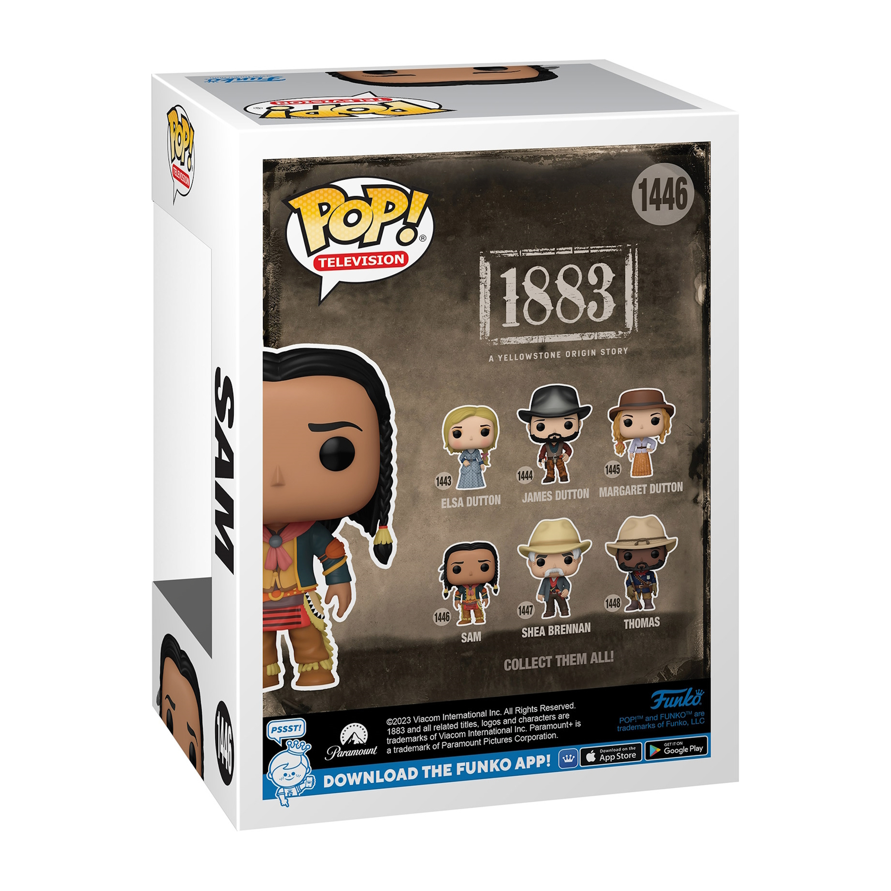 Funko Pop-Figur von Sam aus 1883, mit einer Box, die andere Charaktere zeigt.