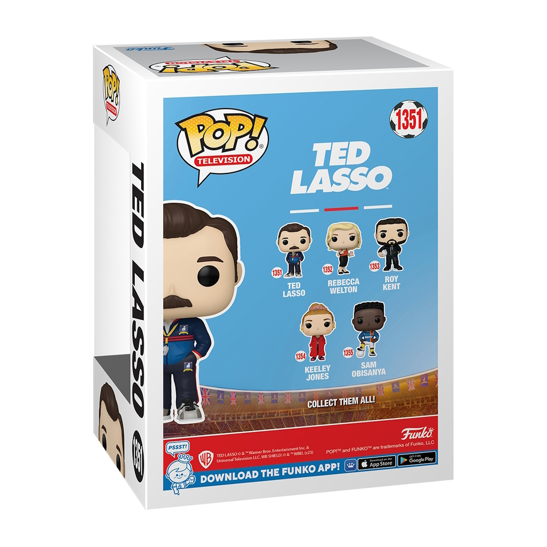 Funko Pop Box Rückseite. Ted Lasso Charaktere. Text: Sammle sie alle! Hintergrund ist ein Fußballfeld.