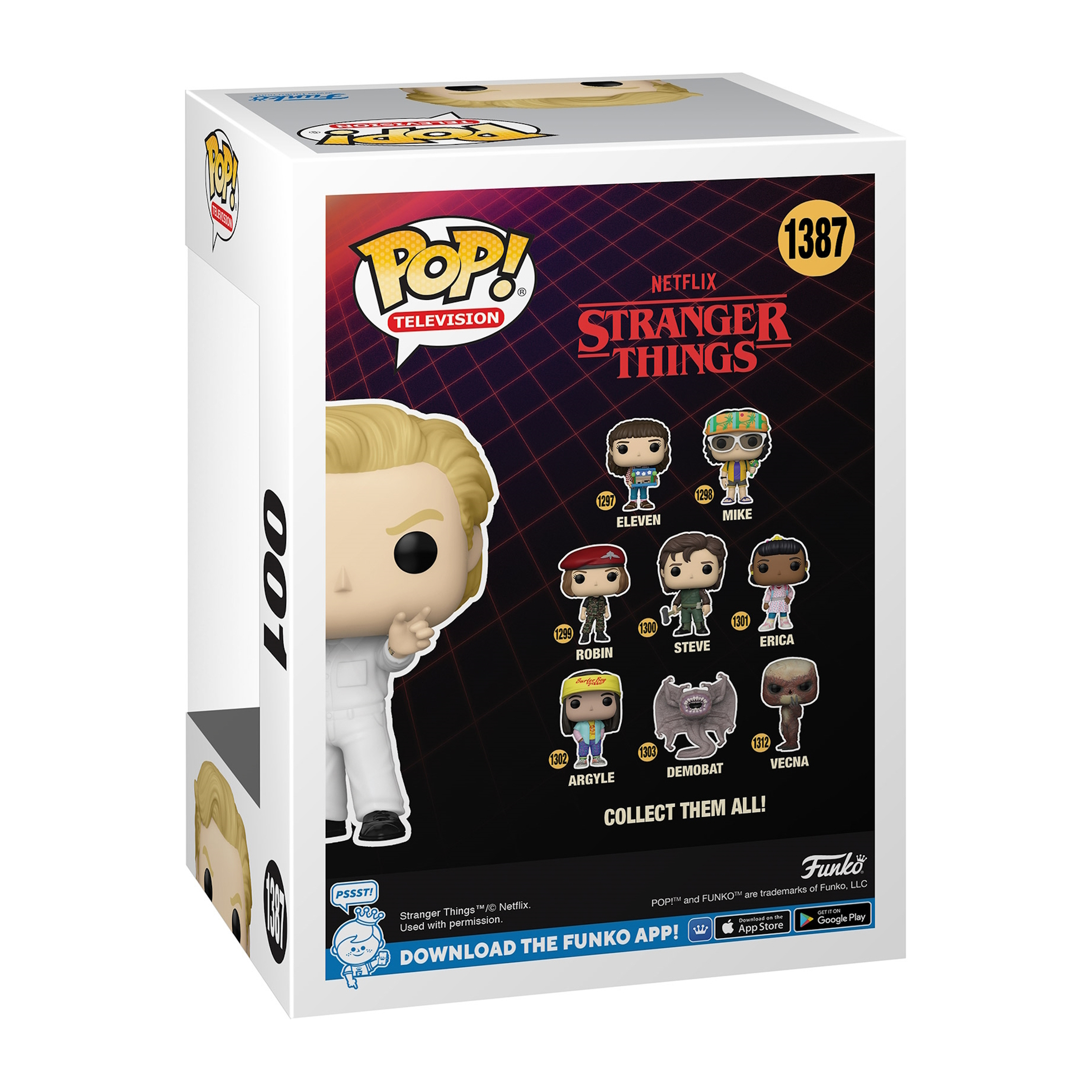 Eine Funko Pop Box mit Stranger Things Figuren, zeigt Eleven, Mike und andere Charaktere.