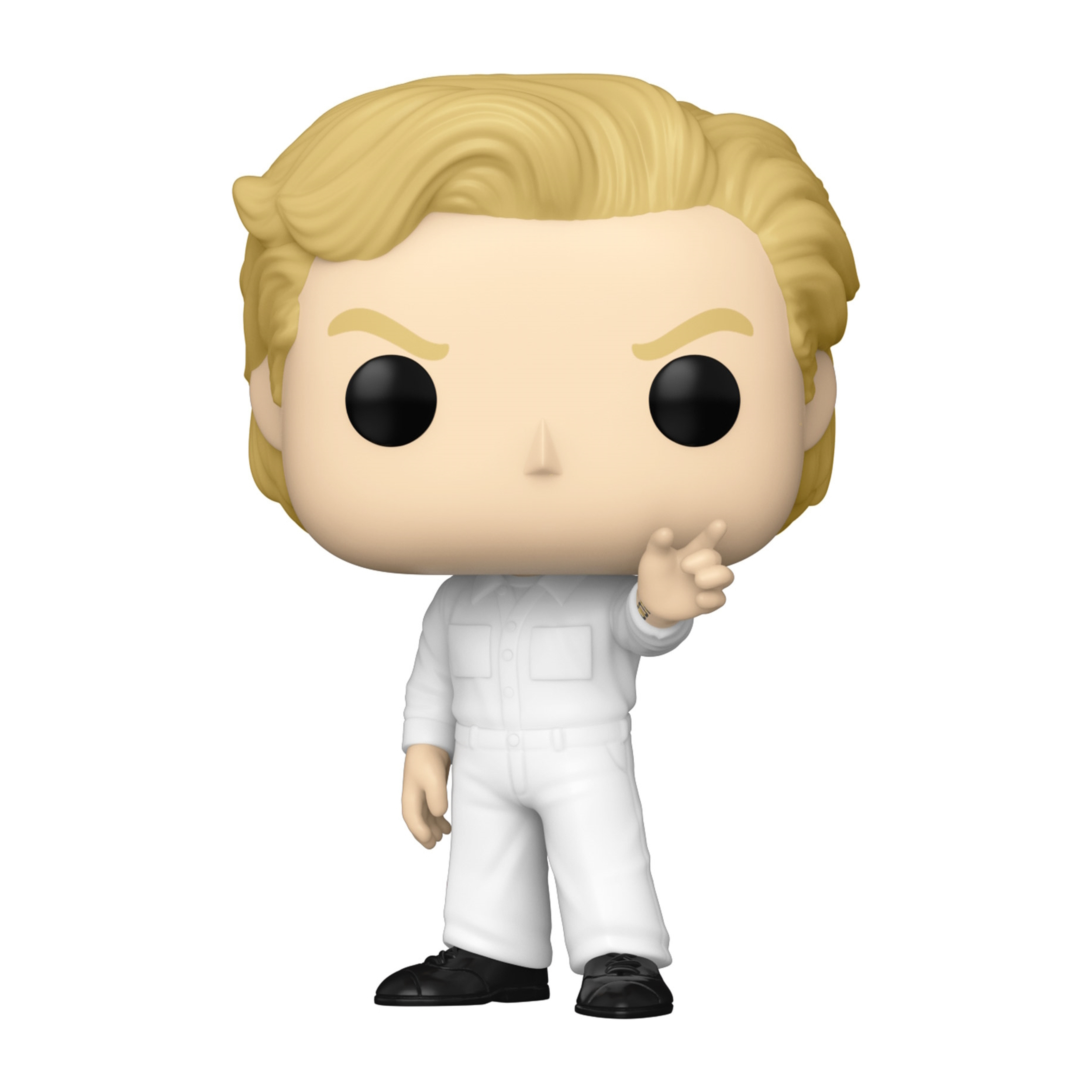 Eine Funko Pop Figur eines Mannes in einem weißen Overall. Er hat blondes Haar und gestikuliert mit der rechten Hand.