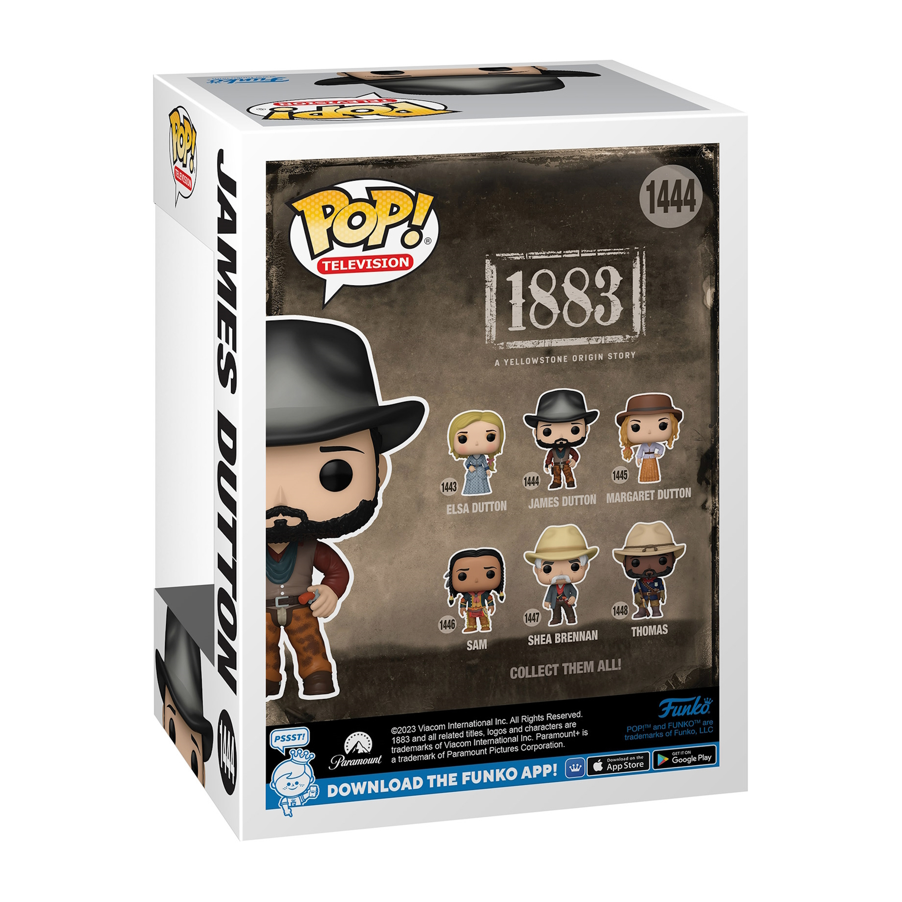 Funko Pop Box, James Dutton Figur. Box zeigt das Logo der Show und Charaktere.