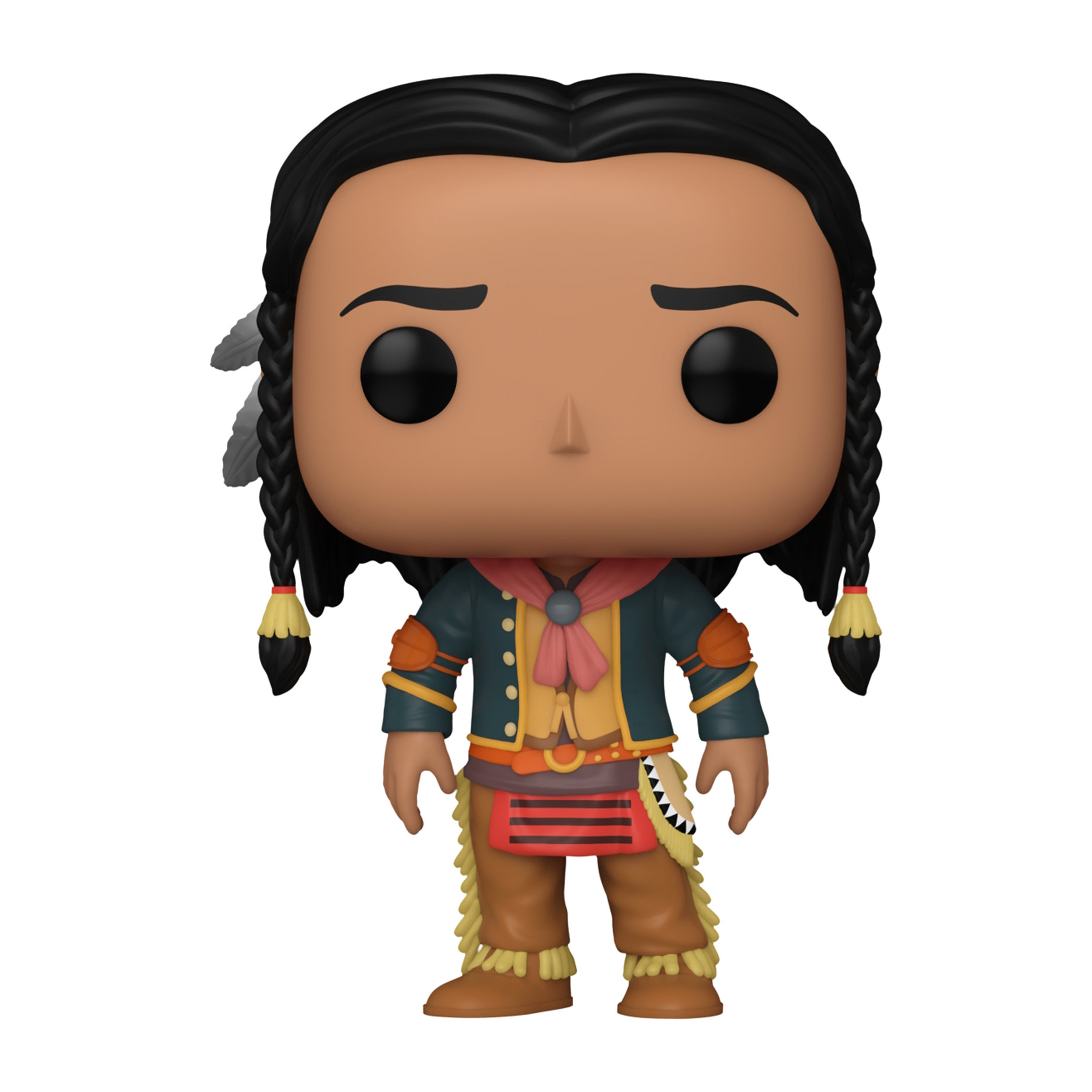 Funko Pop Figur eines indianischen Mannes. Trägt traditionelle Kleidung. Weißer Hintergrund.
