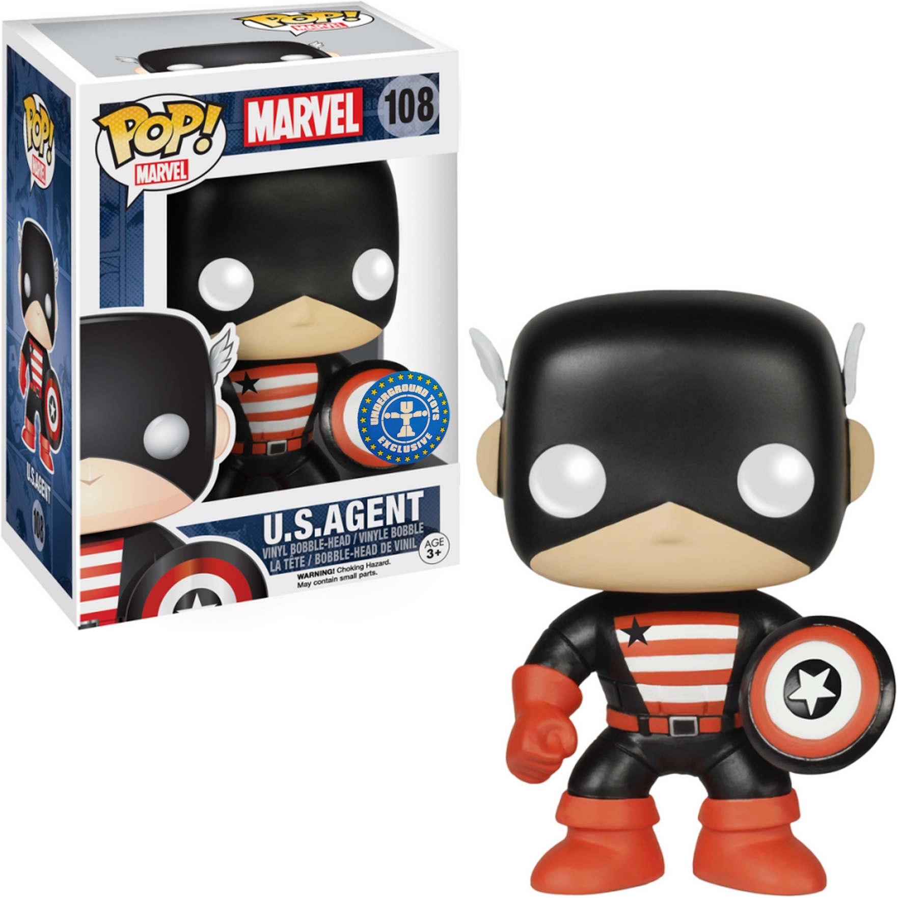 U.S. Agent Funko Pop Figur. Er trägt einen schwarz-roten Anzug mit Schild.