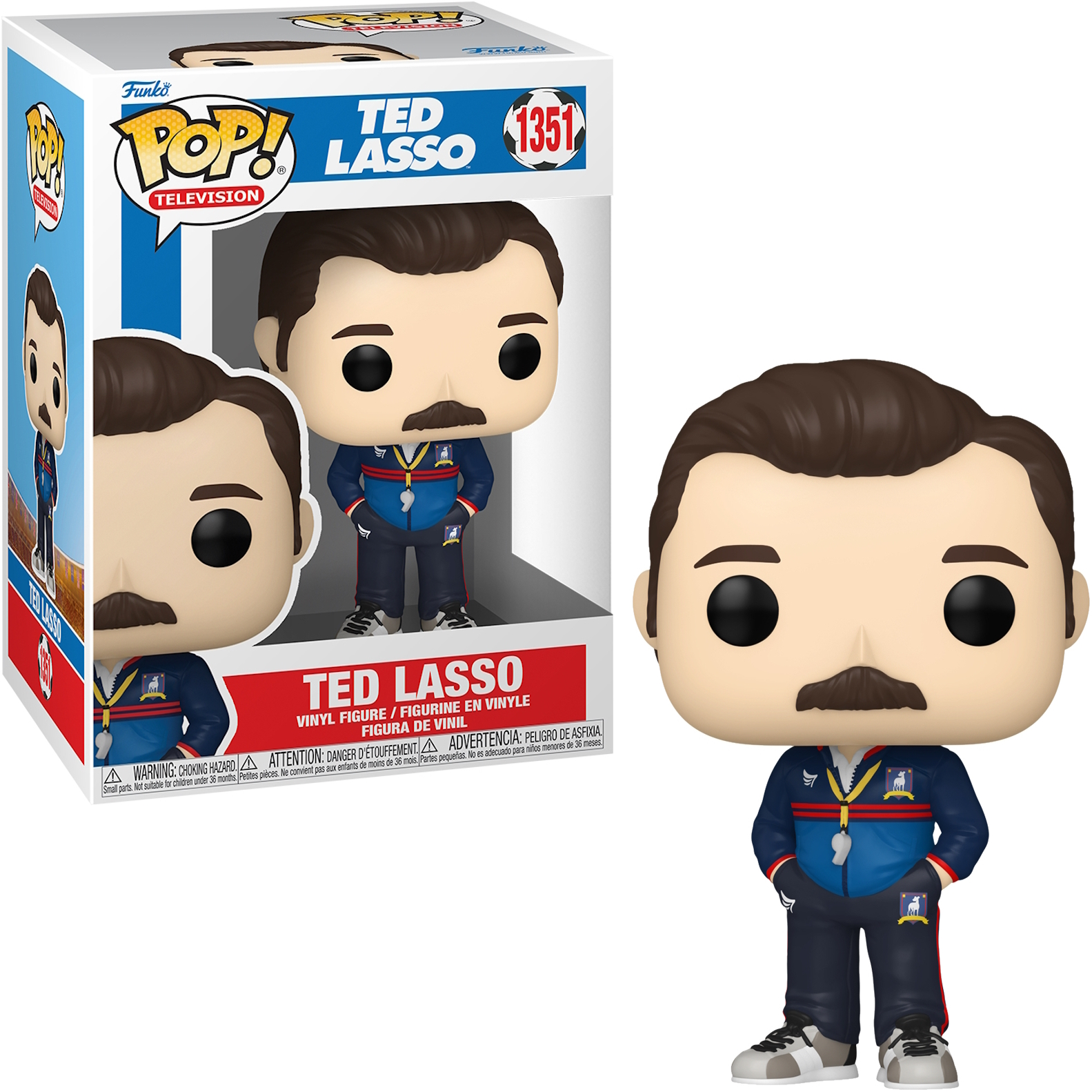 Ted Lasso Funko Pop Figur. Er trägt einen blauen Trainingsanzug und hält eine Pfeife.