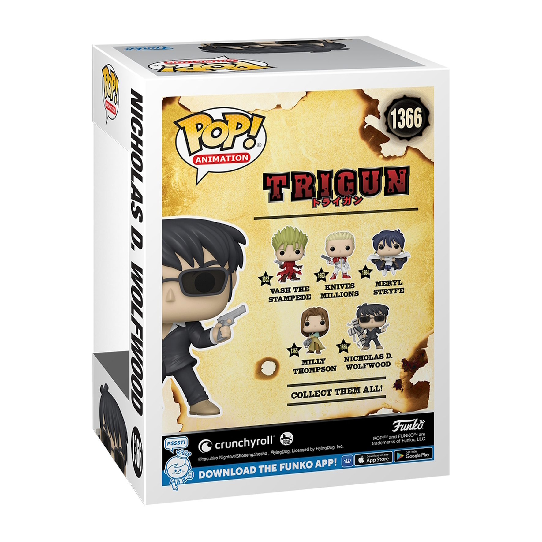 Funko Pop Box mit Trigun-Charakteren: Vash, Knives, Meryl und Nicholas. Schwarz-weiße Box.