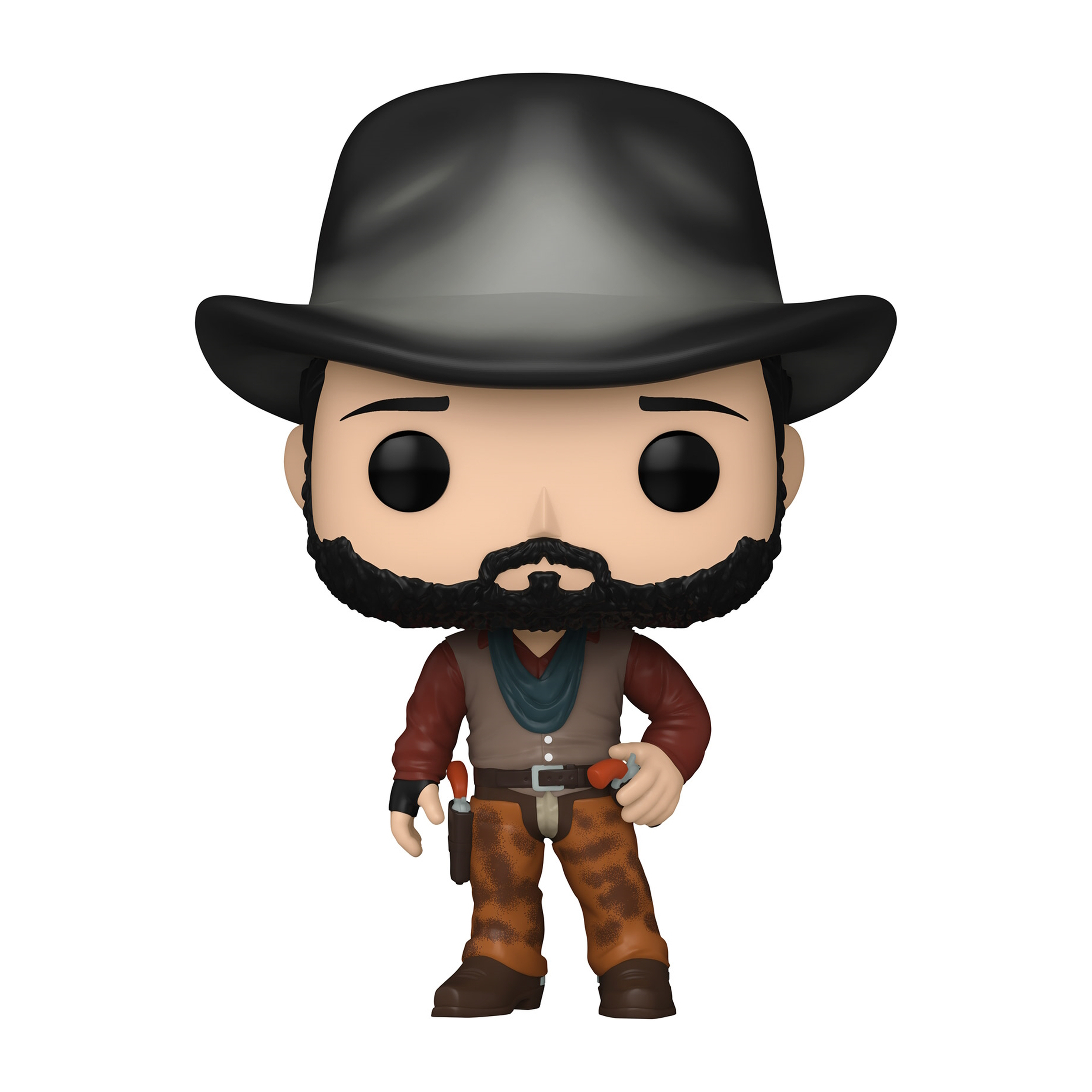 Cowboy Funko Pop mit Hut, Bart und zwei Waffen. Braune Hose und Weste.