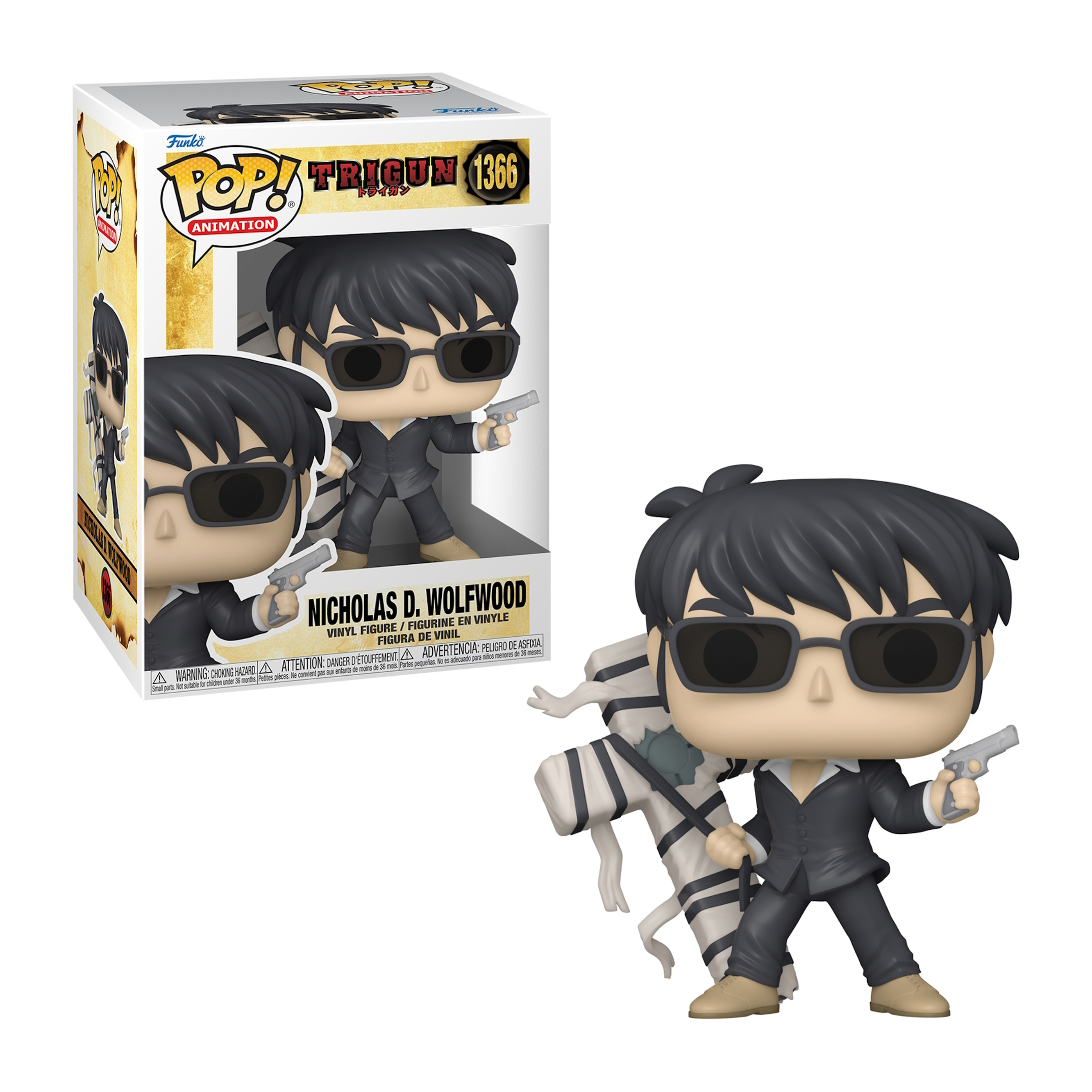 Funko Pop! Vinylfigur von Nicholas D. Wolfwood mit Pistole und Box.