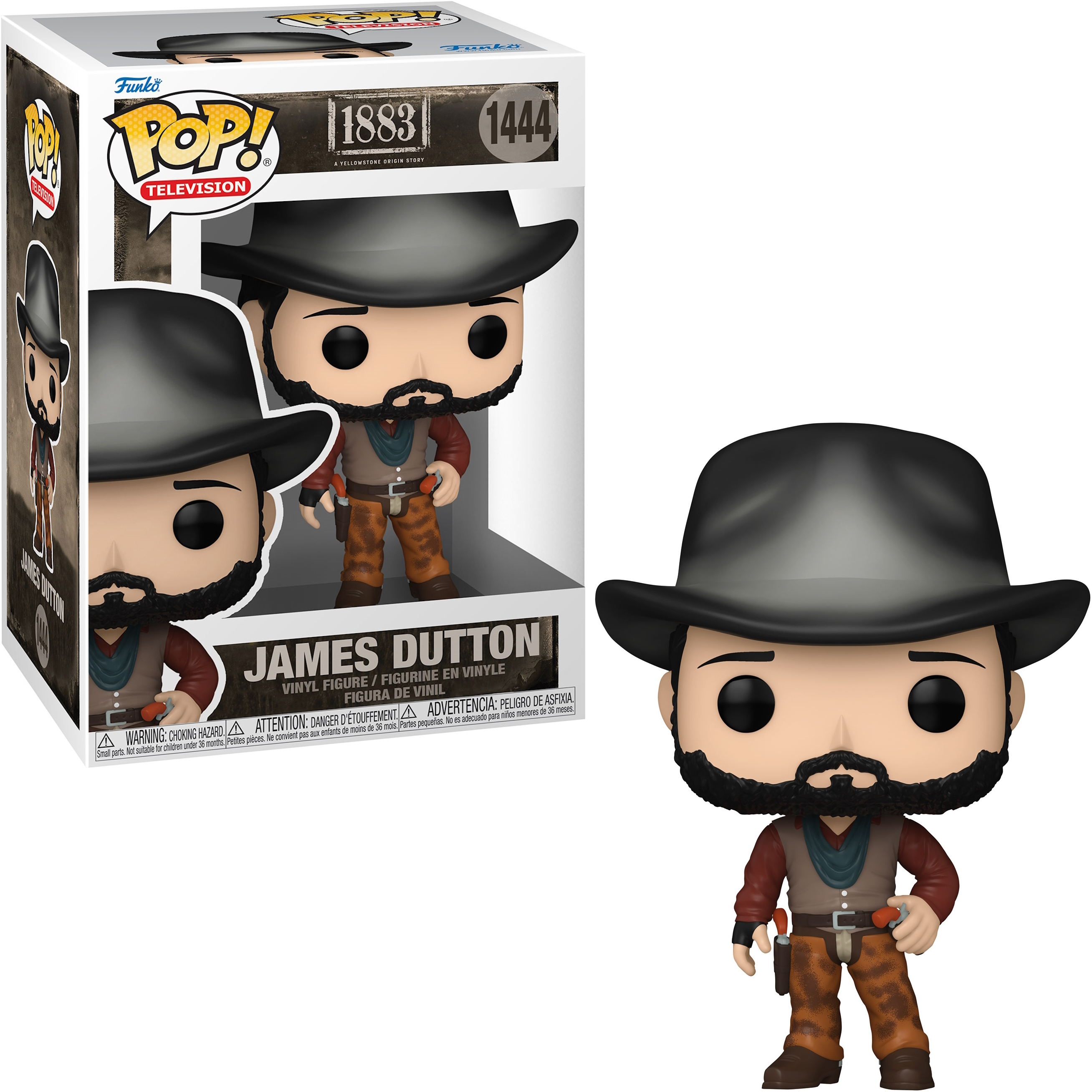 James Dutton Figur in Box. Cowboyhut, Bart, hält eine Waffe.