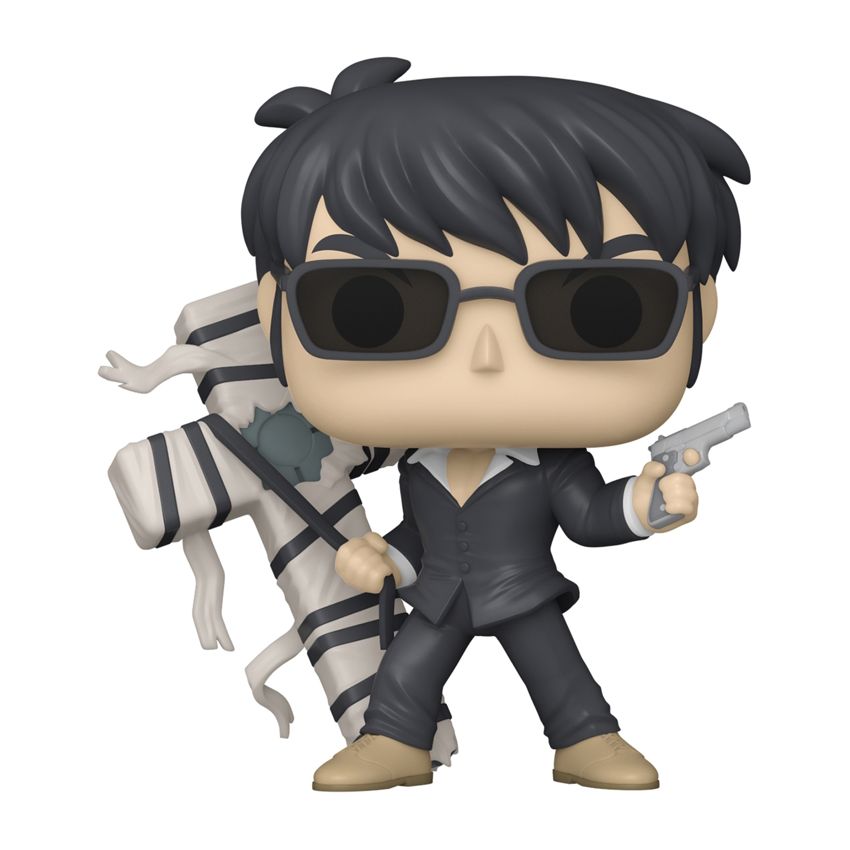 Mann im schwarzen Anzug Funko Pop mit Sonnenbrille. Eine Mumie steht daneben, hält eine Pistole.