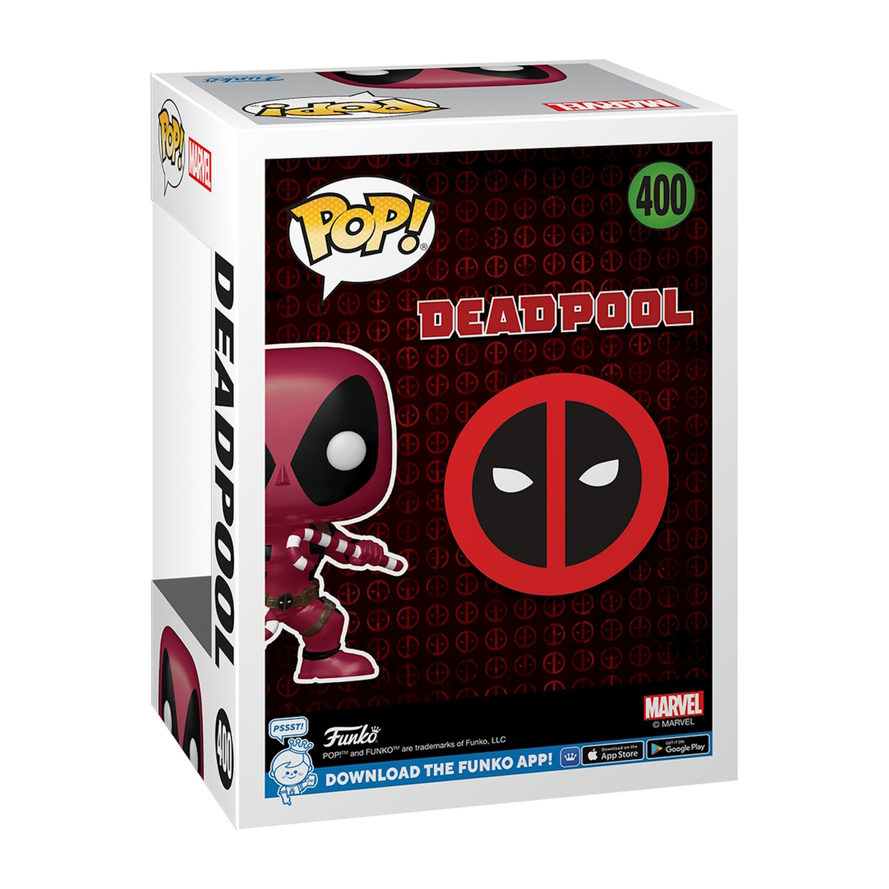 Deadpool Funko Pop Figur und Box. Die Figur trägt einen roten Anzug, die Box hat ein Deadpool Logo.