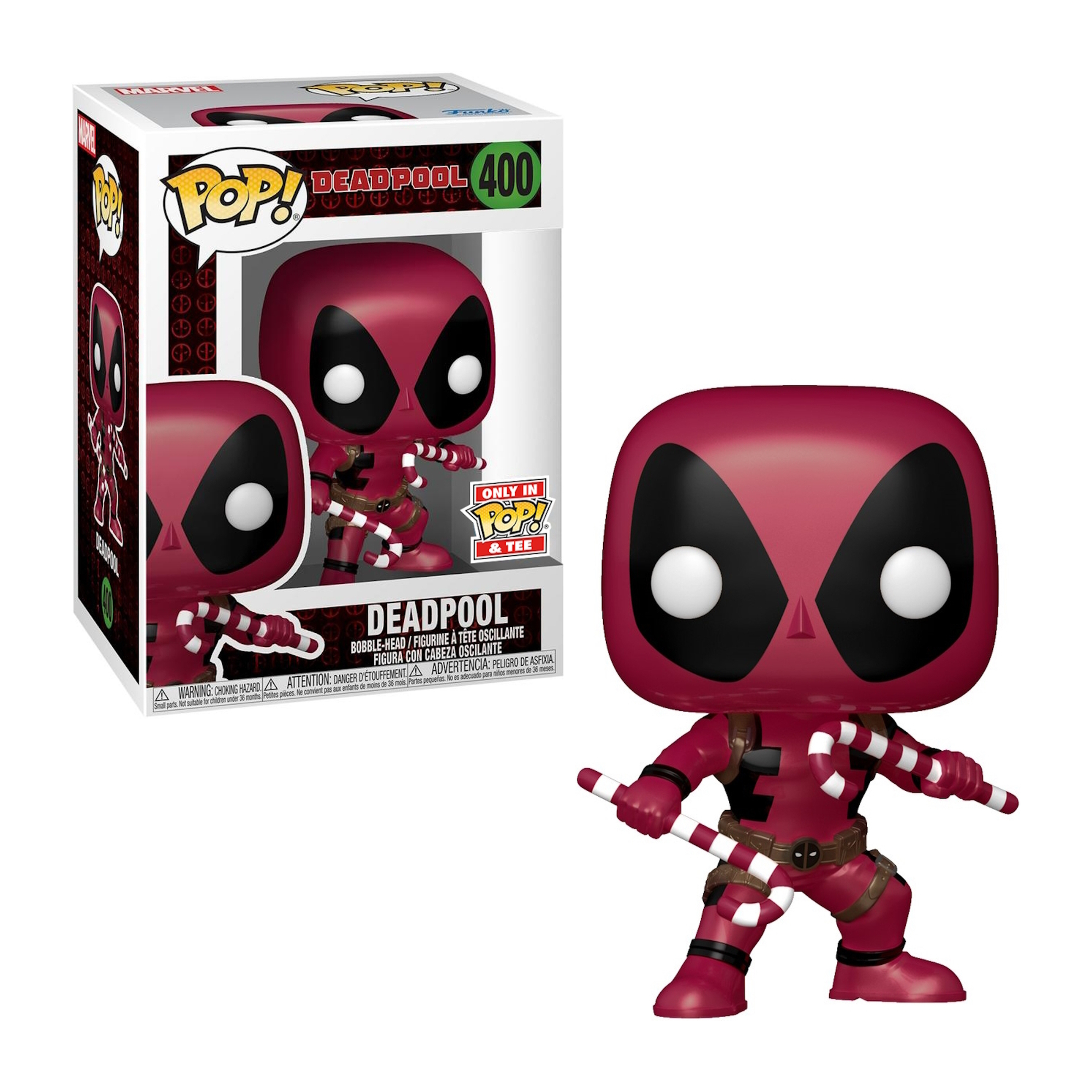 Deadpool Funko Pop Figur, die Zuckerstangen hält. Roter Anzug mit weißen und schwarzen Details. Box vorhanden.