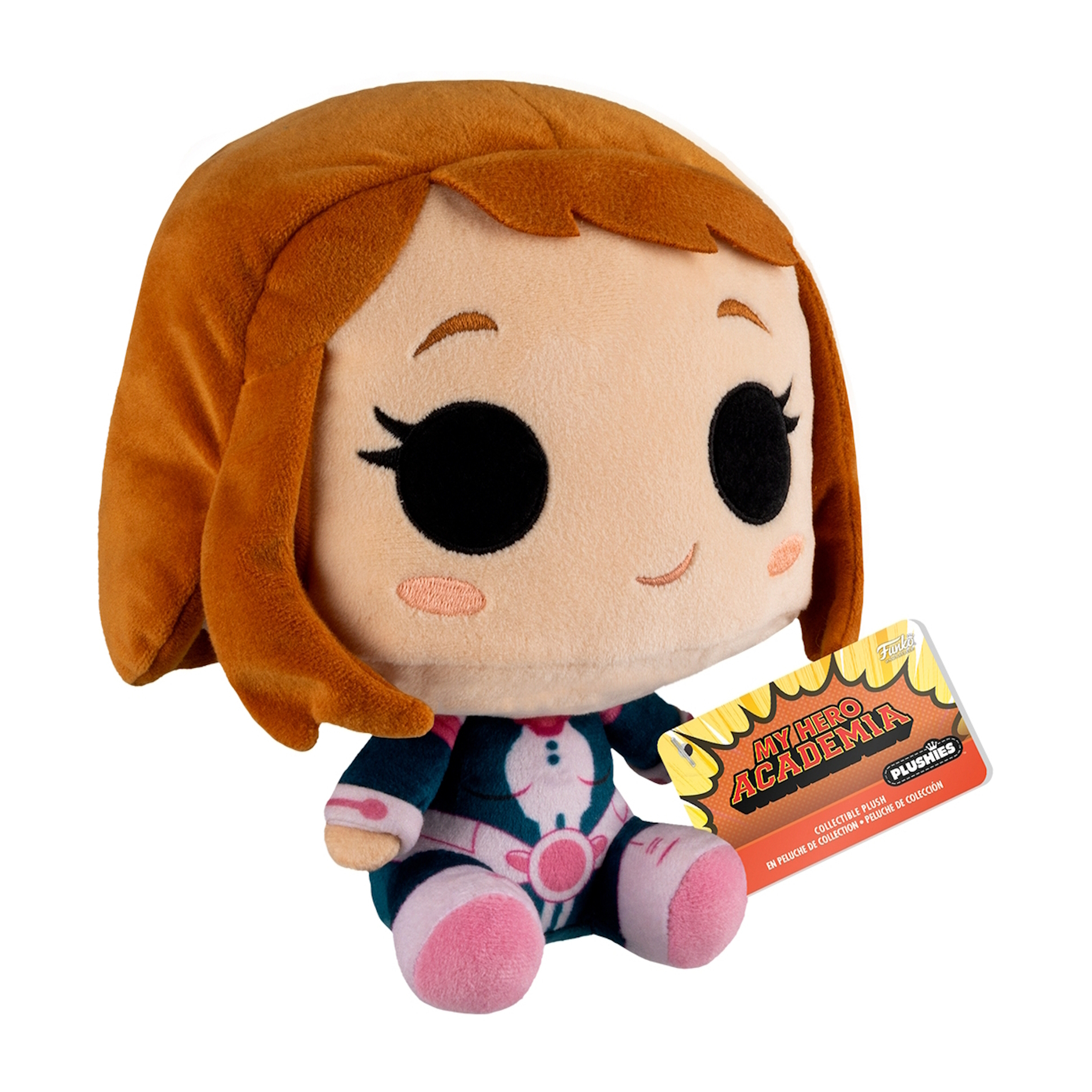 Pluszowa zabawka Uraraka Ochaco z My Hero Academia, trzymająca metkę.