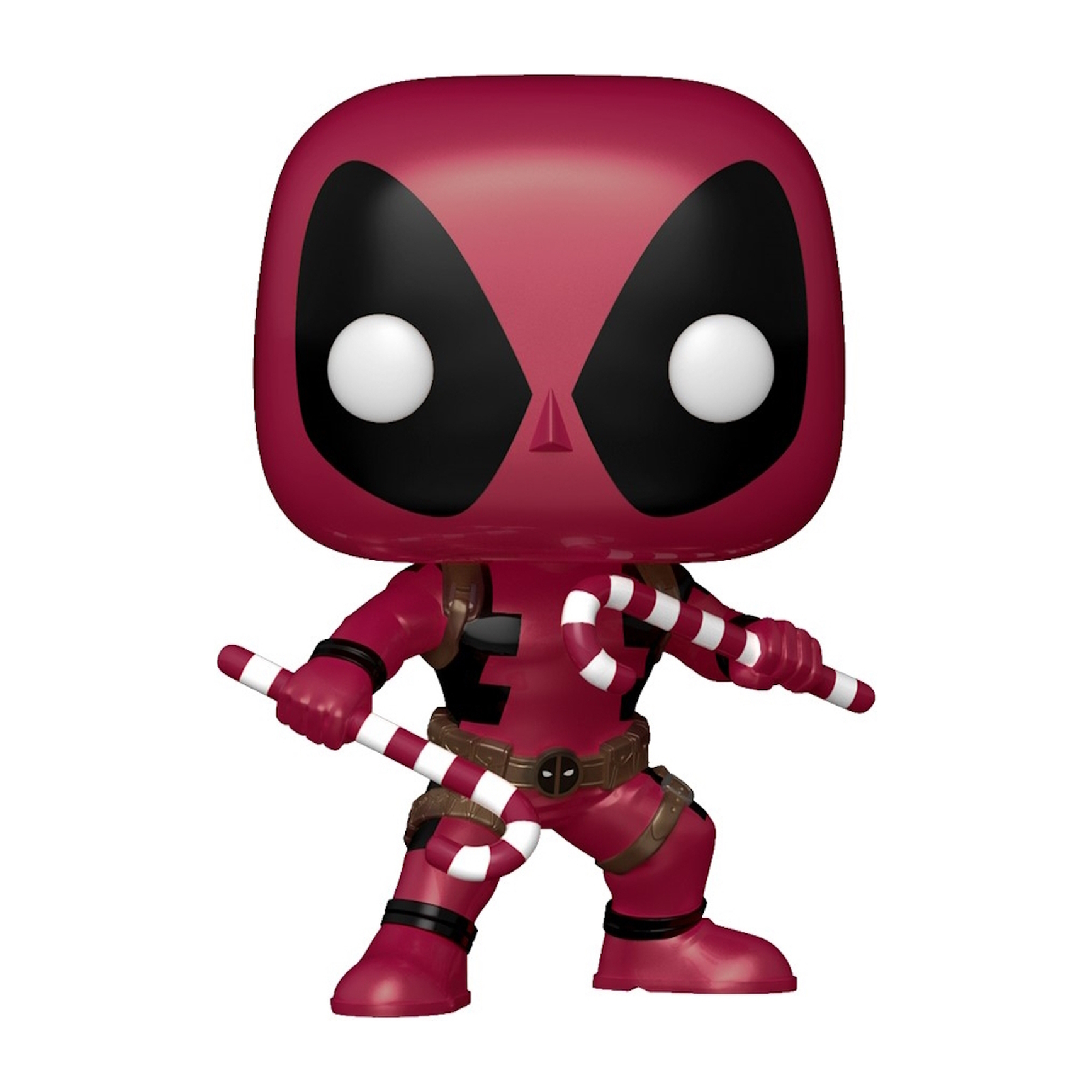Deadpool Funko Pop! Figur, trägt einen roten Anzug und hält zwei Zuckerstangen, isoliert auf Weiß.