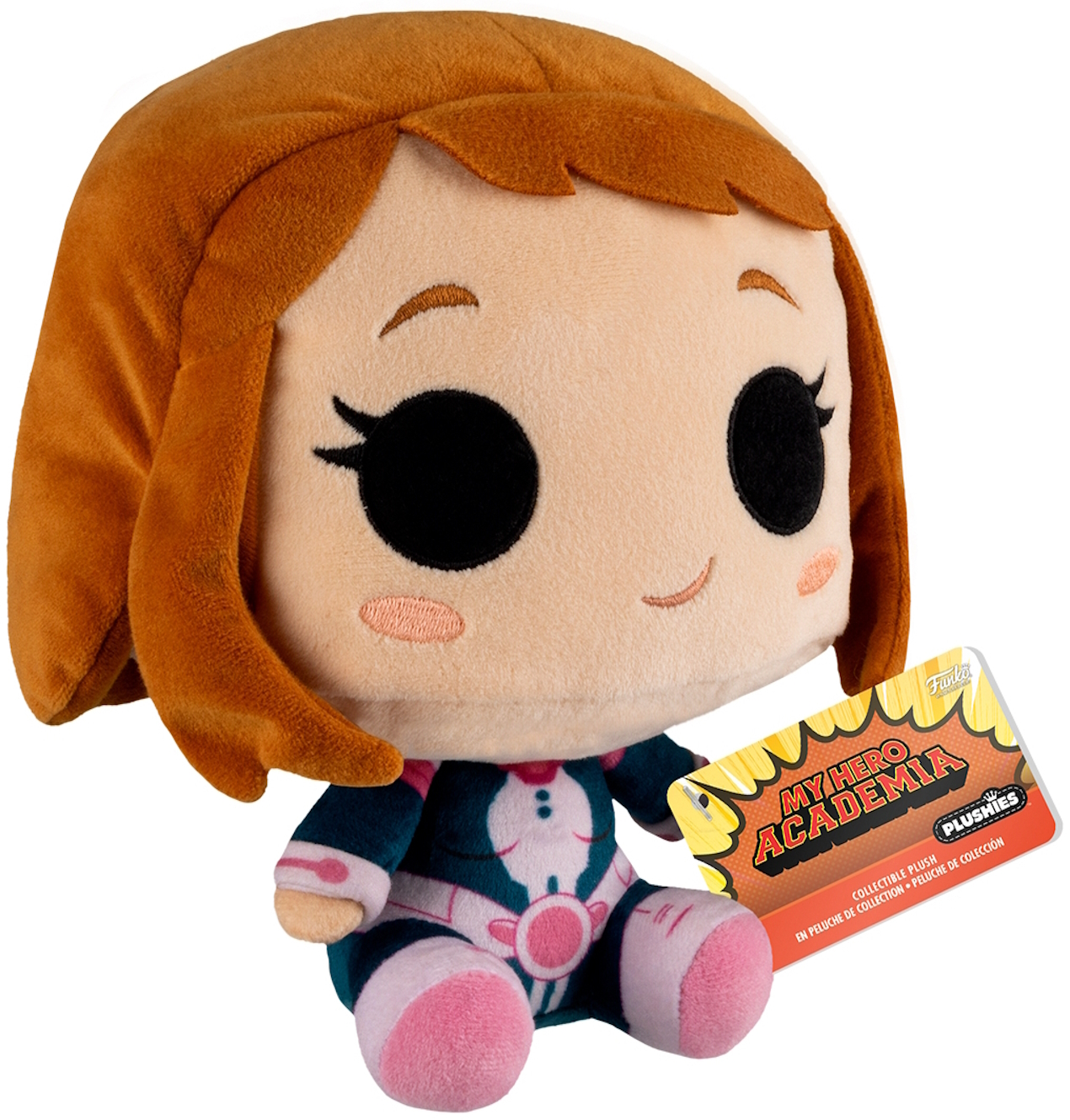 Pluszowa lalka Uraraki, My Hero Academia. Brązowe włosy, różowe policzki i kostium. Zawiera etykietę My Hero Academia.