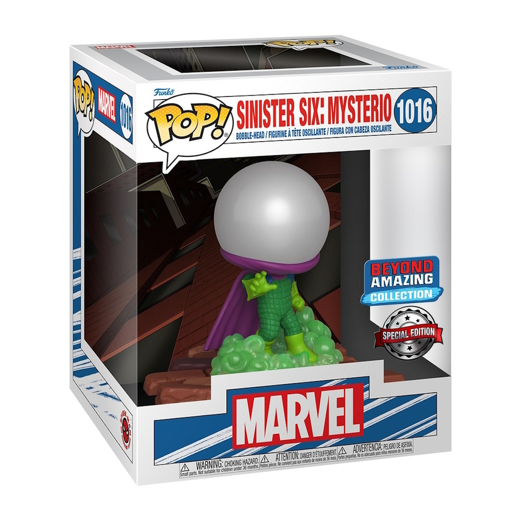 Mysterio Pop! Figur in Box, mit silbernem Helm, grünem Anzug und lila Umhang auf grüner Basis.