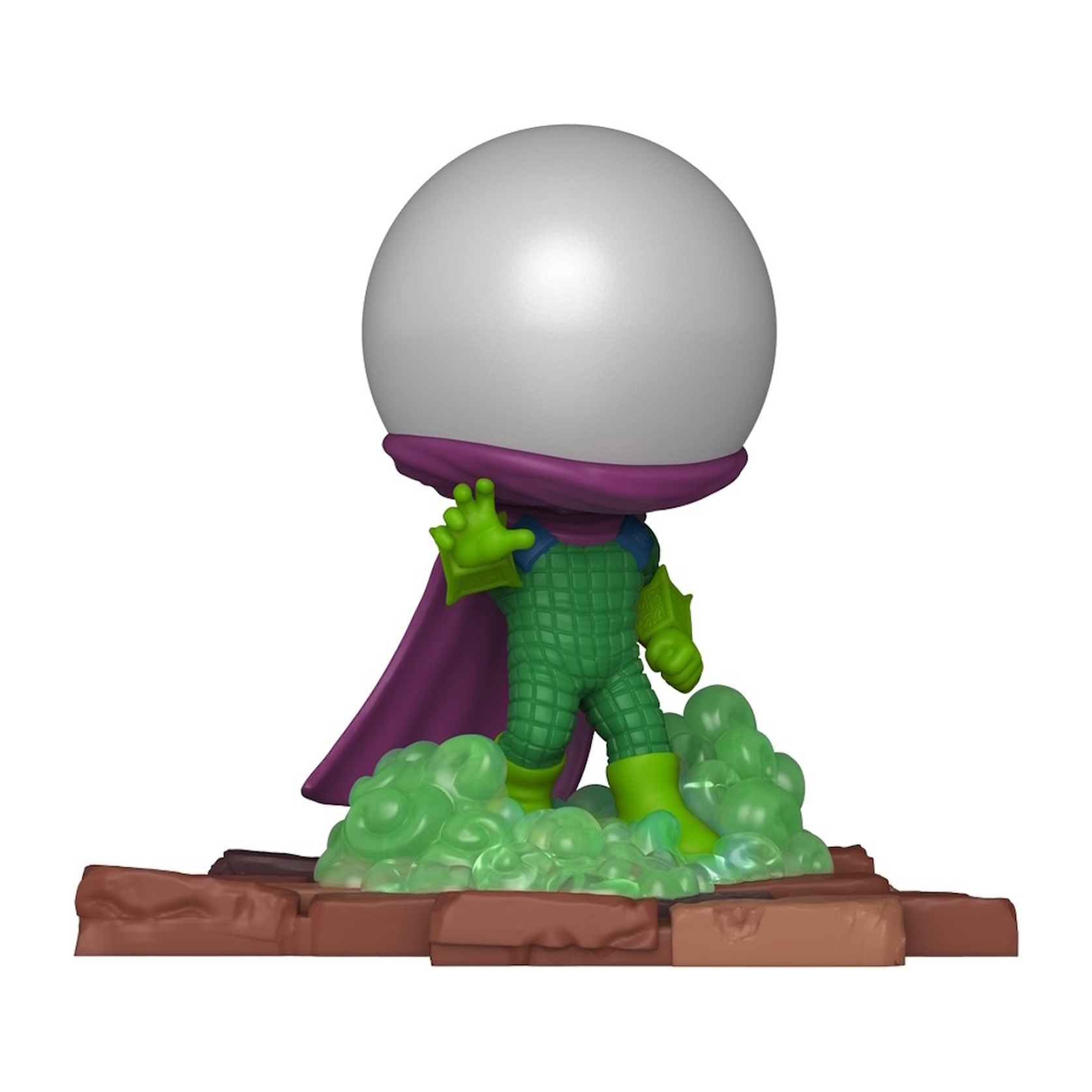 Mysterio Funko Pop Figur mit Kugel-Kopf, grünem Anzug und lila Umhang, auf Ziegelsockel, mit Blase.