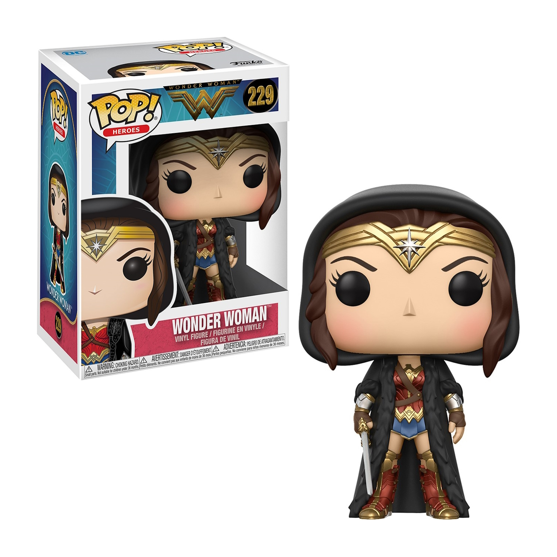 Eine Funko Pop Figur von Wonder Woman in ihrem Kapuzen-Outfit, in einer Box.