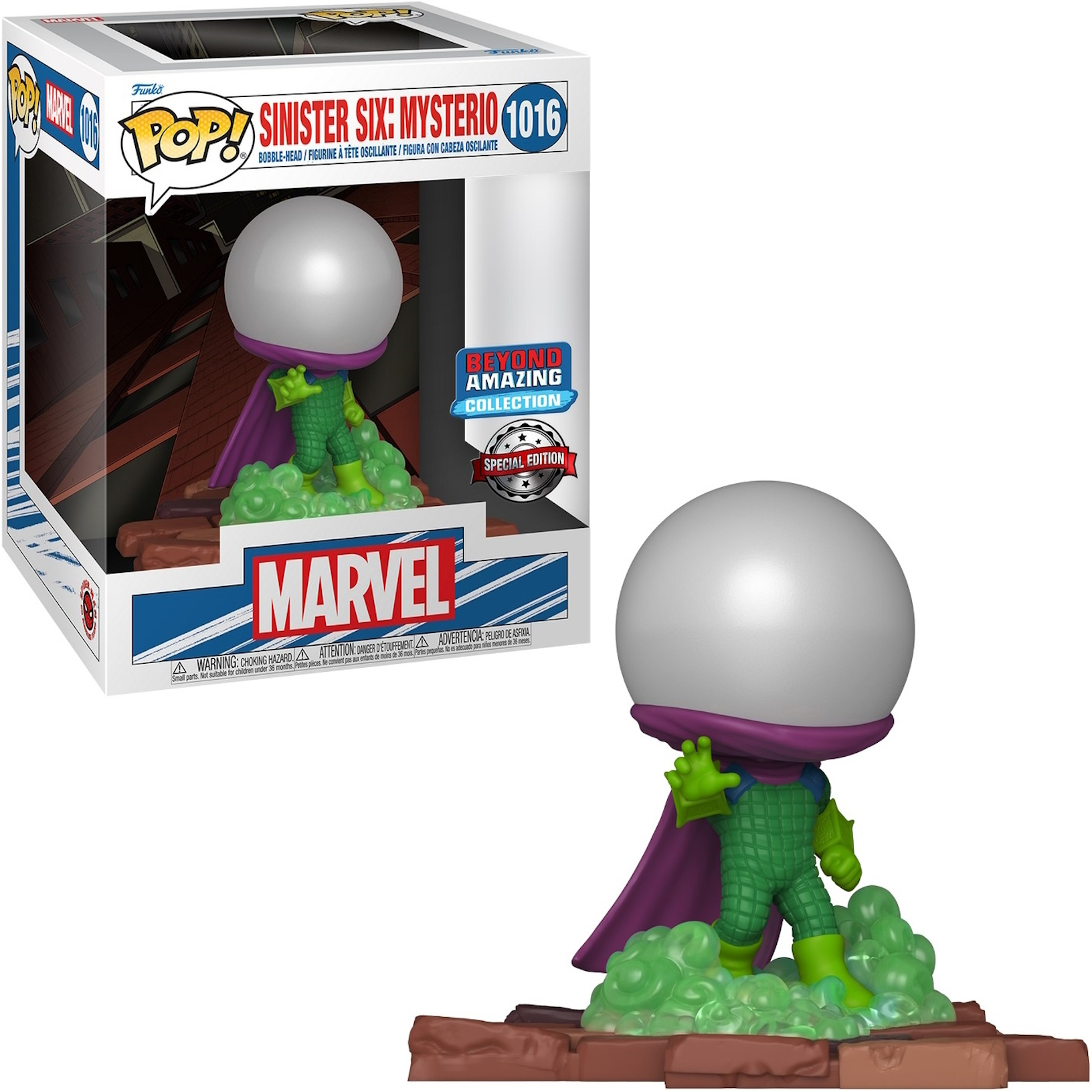 Mysterio Funko Pop Figur mit Blasen-Kopf, grünem Anzug und lila Umhang, stehend auf grünem Nebel.