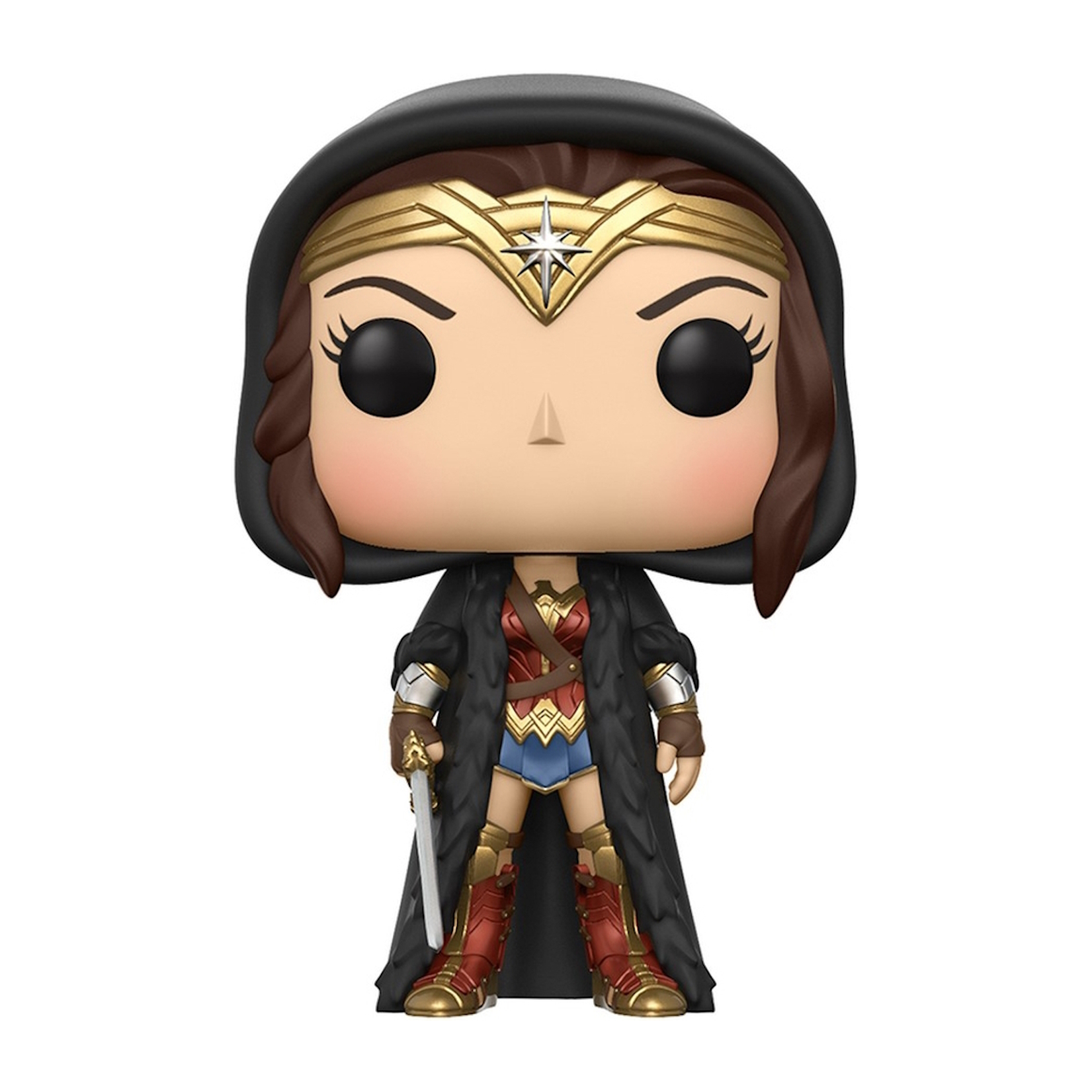 Funko Pop! Wonder Woman Figur. Sie trägt einen schwarzen Mantel und hält ein Schwert.