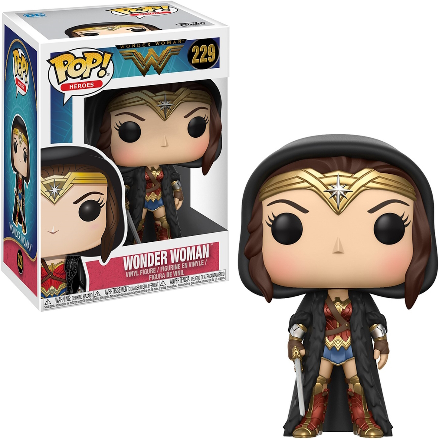 Funko Pop! Wonder Woman Figur außerhalb der Box. Weißer Hintergrund.
