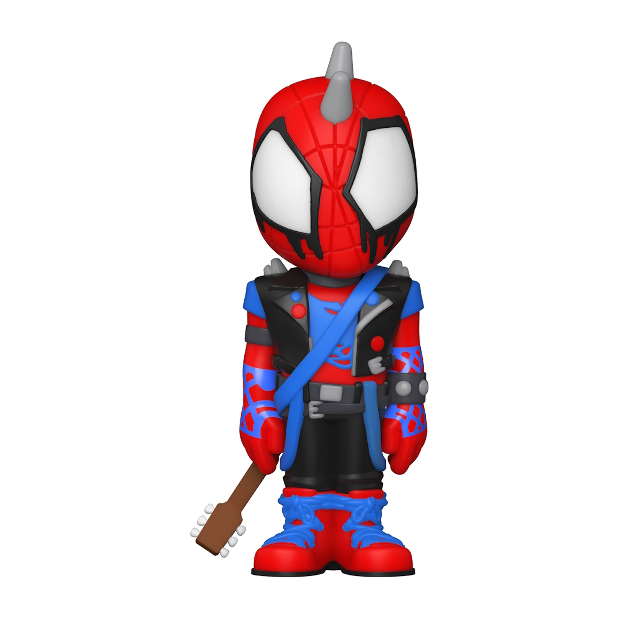 Spiderman Funko Pop Figur mit Gitarre, trägt einen einzigartigen rot-blauen Anzug.