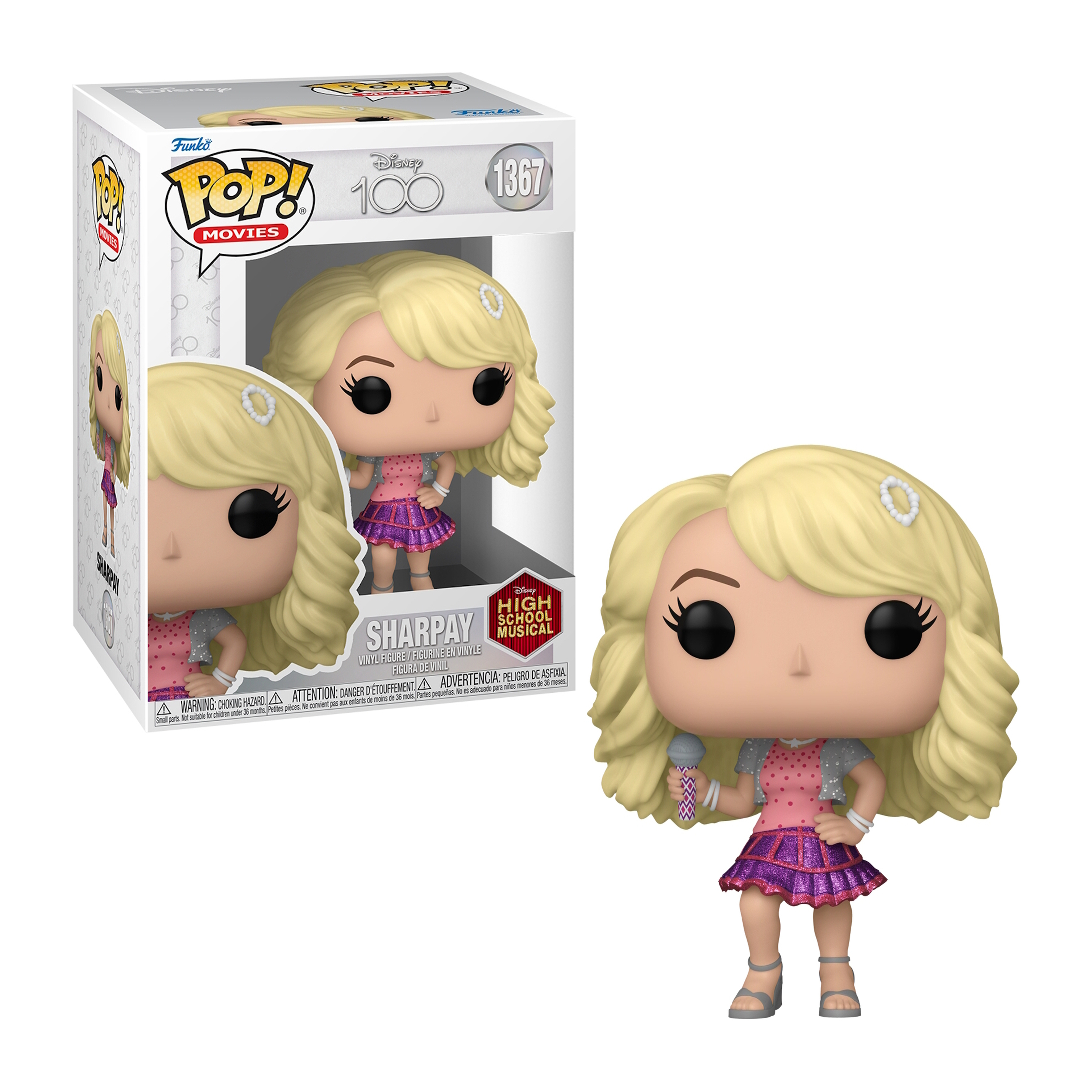 Sharpey Evans Funko Pop Box, mit einem Bild von ihr und Text über High School Musical.