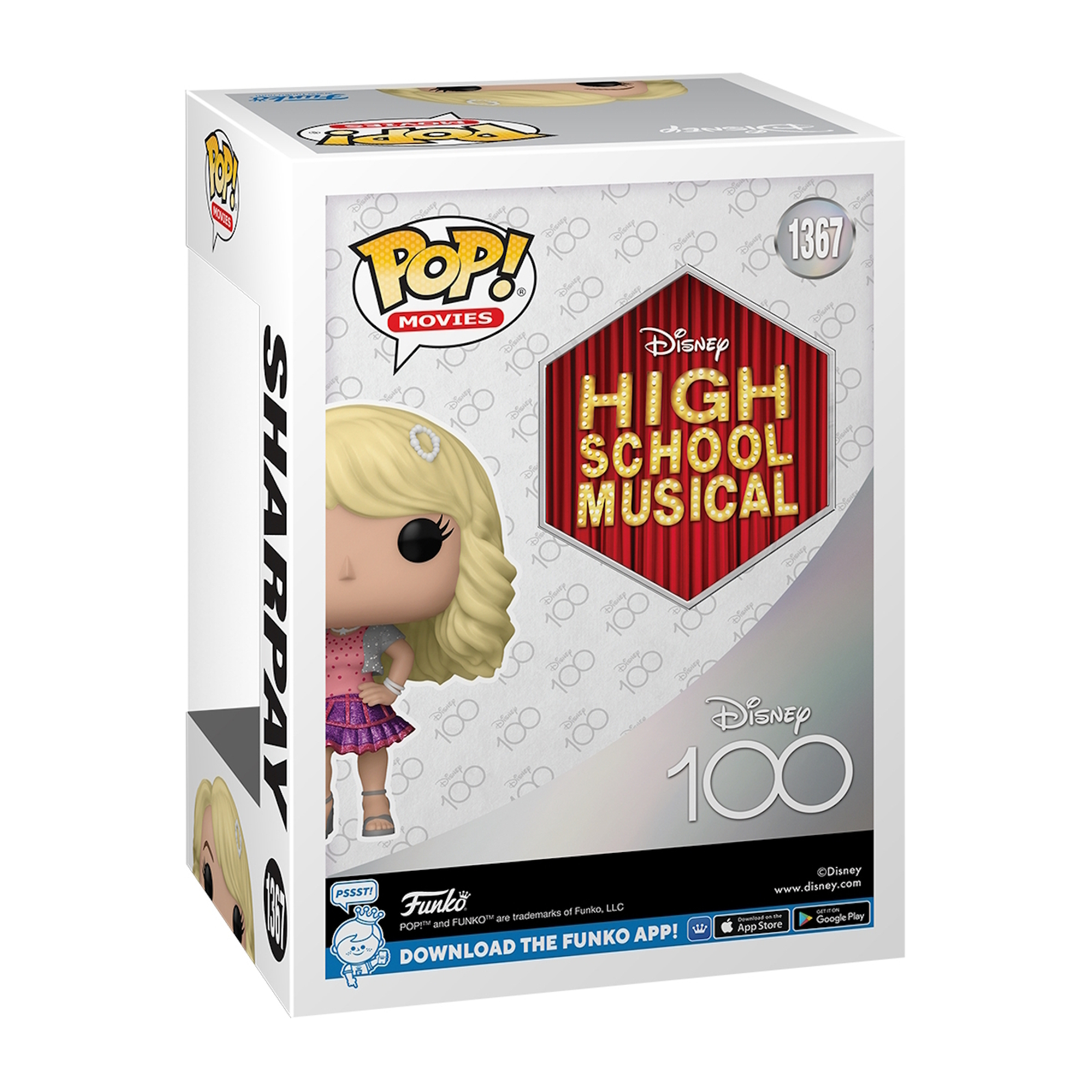 Funko Pop! Box mit Figur von Sharpay aus High School Musical und Disney 100 Logo.
