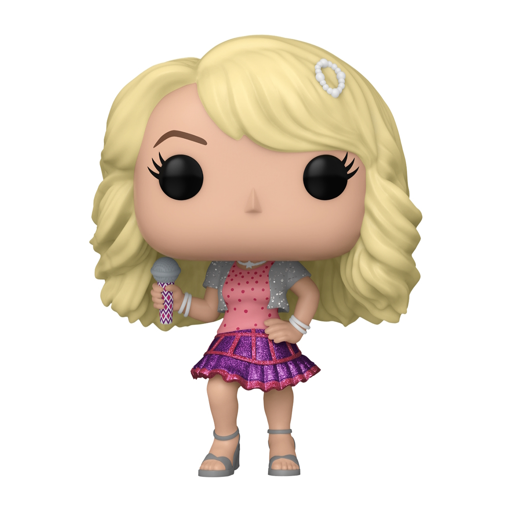 Blondhaarige Figur einer Frau, die ein Mikrofon hält. Rosa Kleid, silberne Jacke. Lächeln.