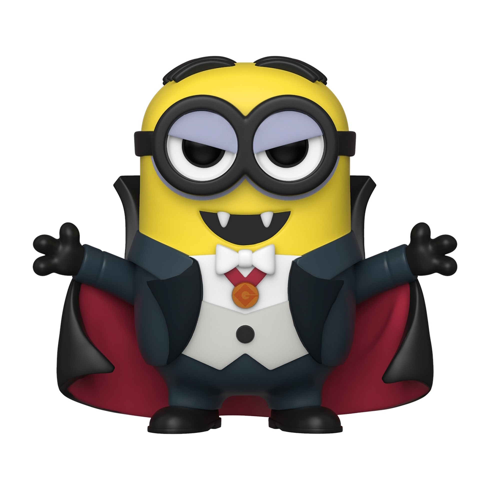 Minion als Vampir verkleidet, mit schwarzem Umhang, weißem Hemd und Fangzähnen.