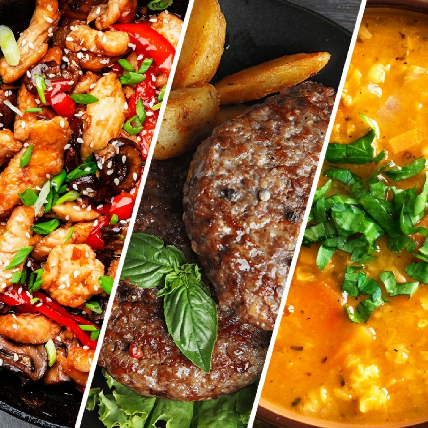Tres platos diferentes: salteado, hamburguesa con patatas y sopa con hierbas.