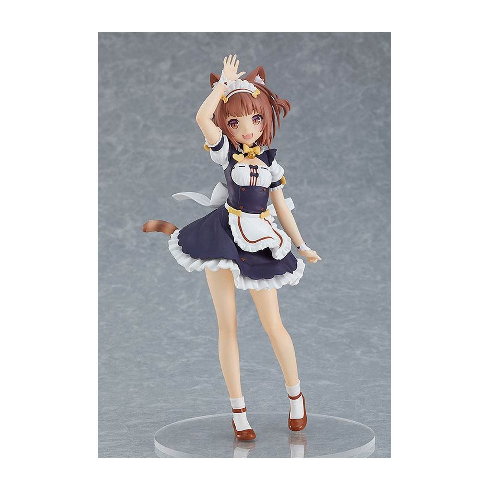 Anime-Figur eines Mädchens in einem Maid-Outfit, braune Haare, winkend, auf einem klaren Ständer.