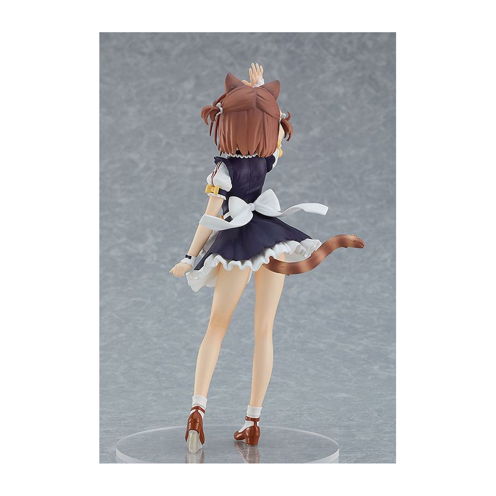 Anime-Figur eines Mädchens im Maid-Outfit mit Katzenohren und -schwanz, Rückansicht, auf Ständer.