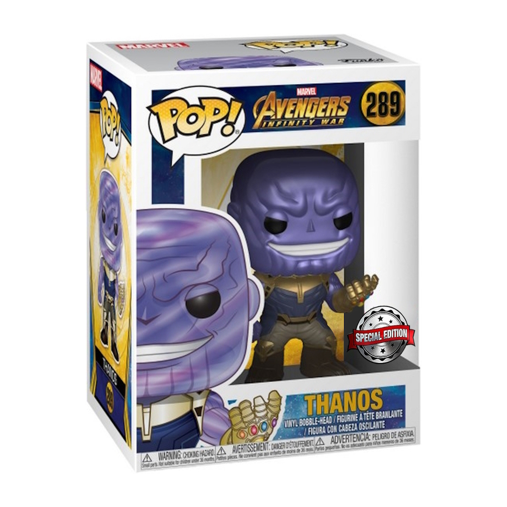 Thanos Pop-Figur in der Box. Die Figur ist lila, hat den Infinity-Handschuh und lächelt.