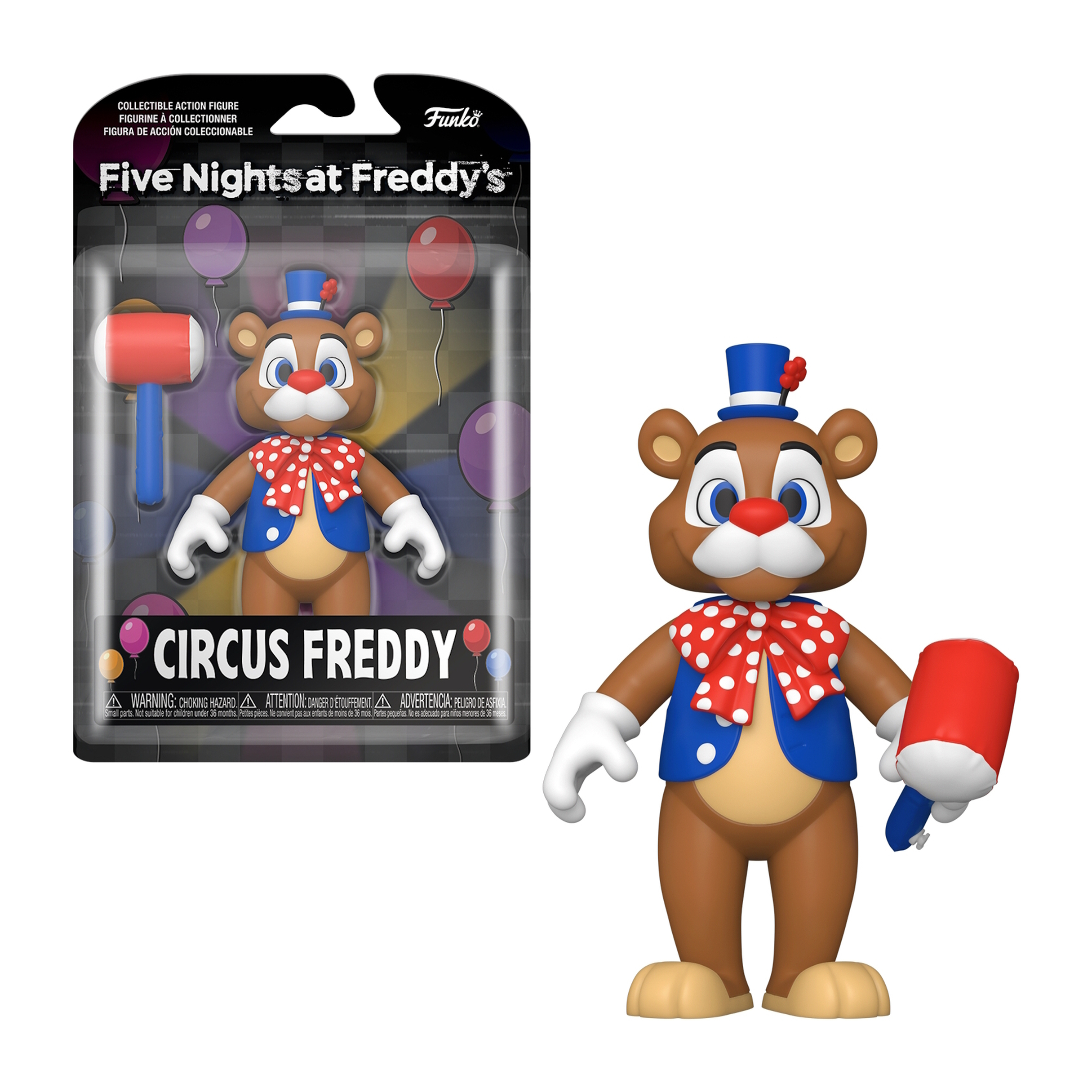 Figurka Funko Pop Cyrku Freddy'ego trzymająca młotek, z opakowaniem z postacią i balonami.