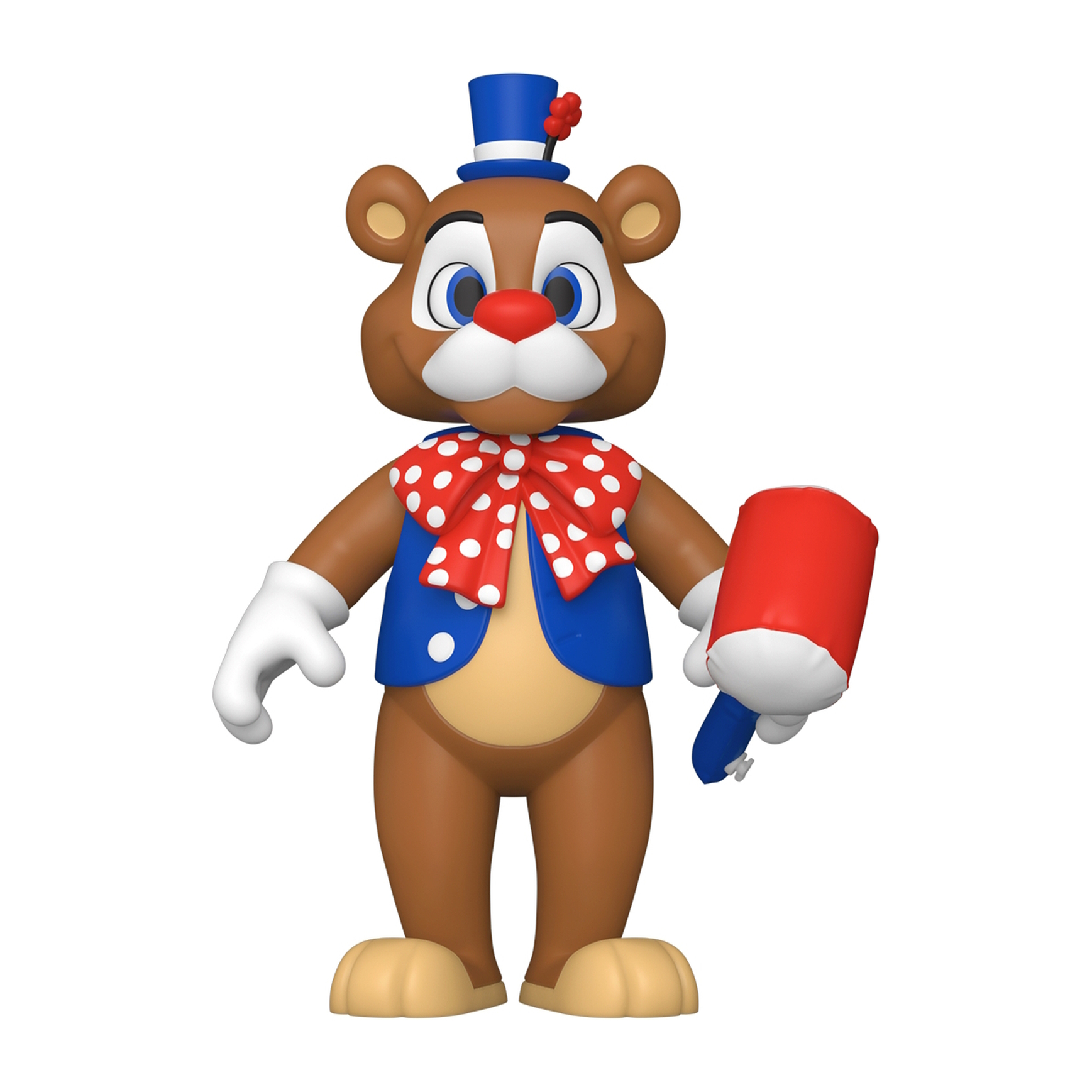 Figurka brązowego misia w stroju cyrkowym, trzymająca czerwony młotek, czerwona mucha.