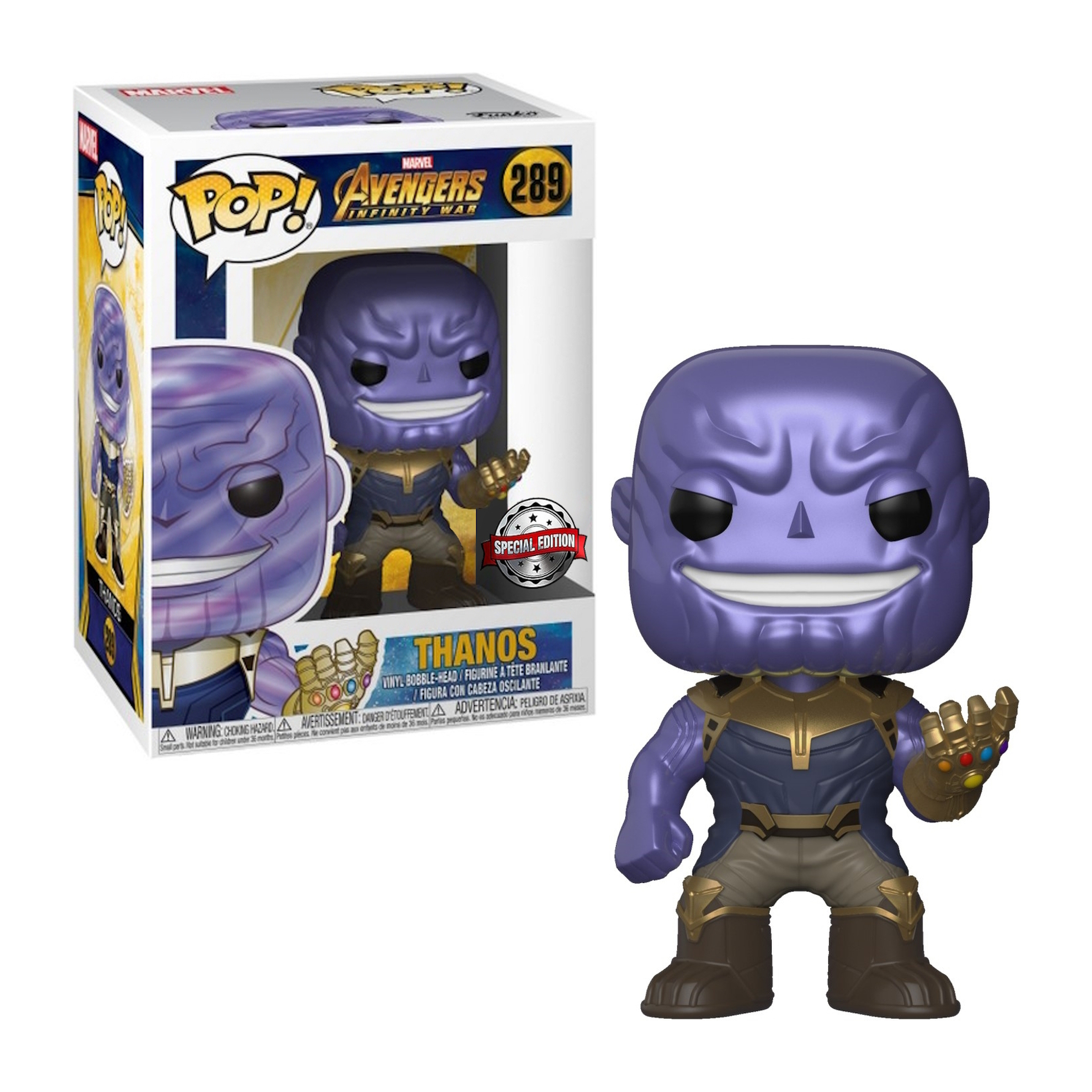 Thanos Funko Pop mit lila Gesicht. Er trägt einen goldenen Handschuh und Rüstung.