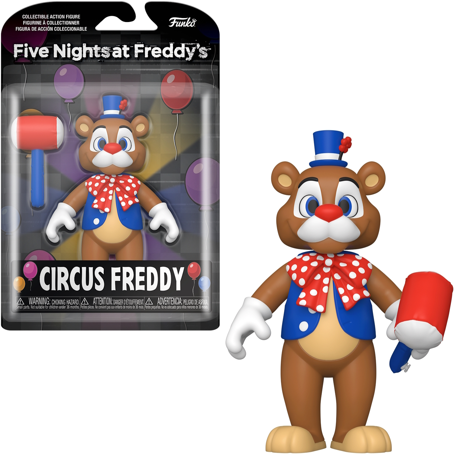 Figurka Circus Freddy z czerwonym młotkiem. Ma brązowe futro, niebieski cylinder i czerwoną muszkę.