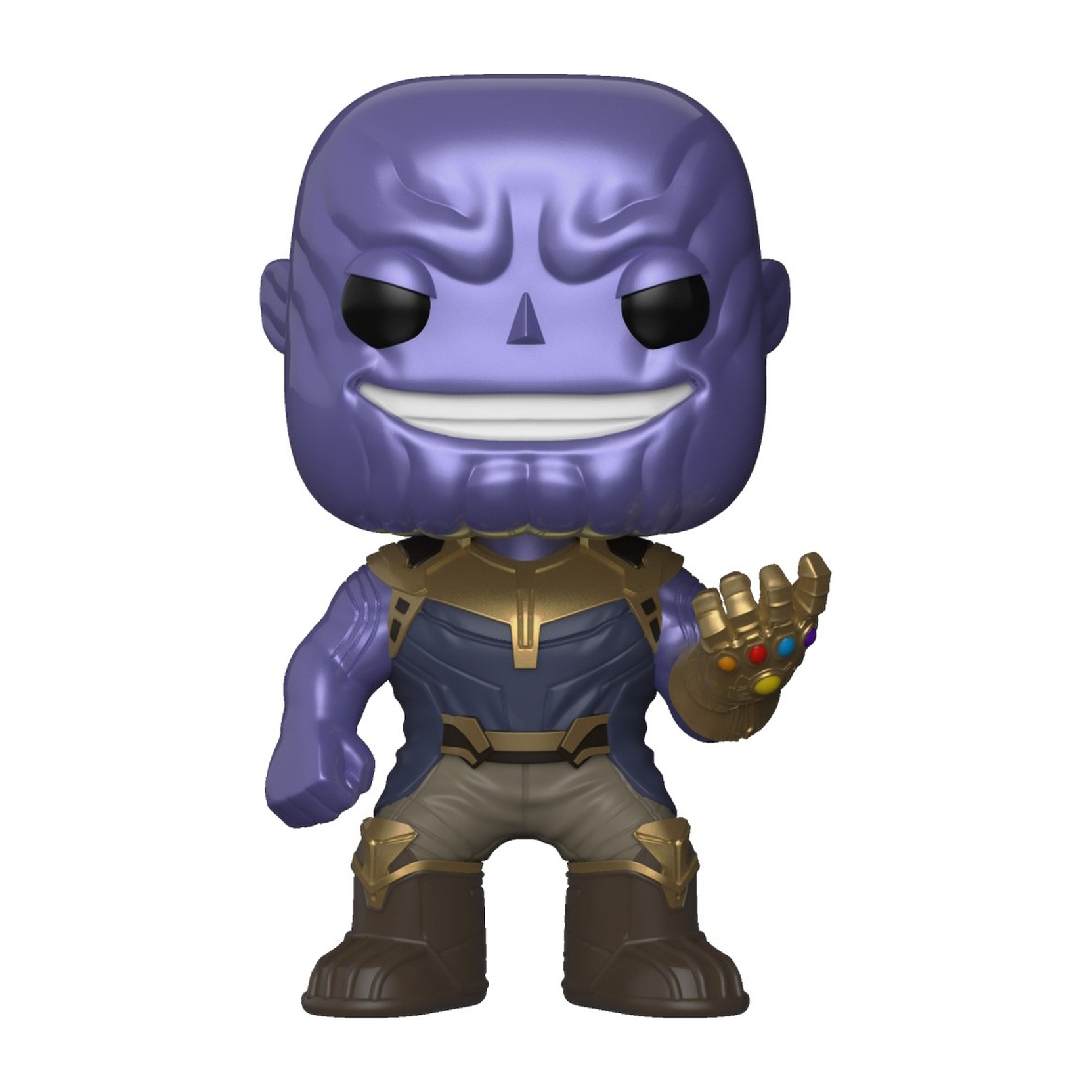 Lila Thanos Funko Pop Figur. Goldene Rüstung, hält den Infinity-Handschuh.