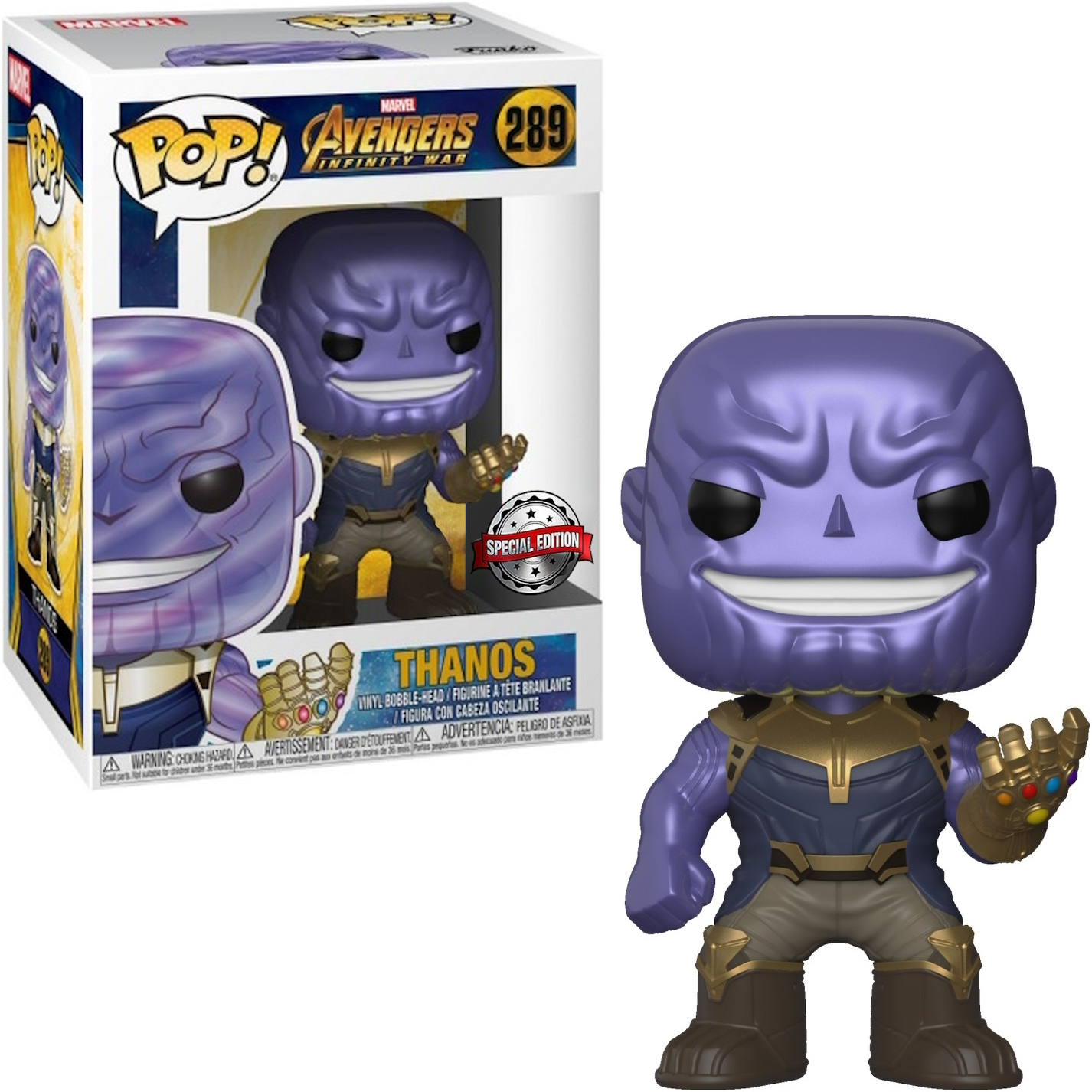 Funko Pop Figur von Thanos mit einer Box. Thanos ist lila und trägt goldene Rüstung und den Infinity-Handschuh.