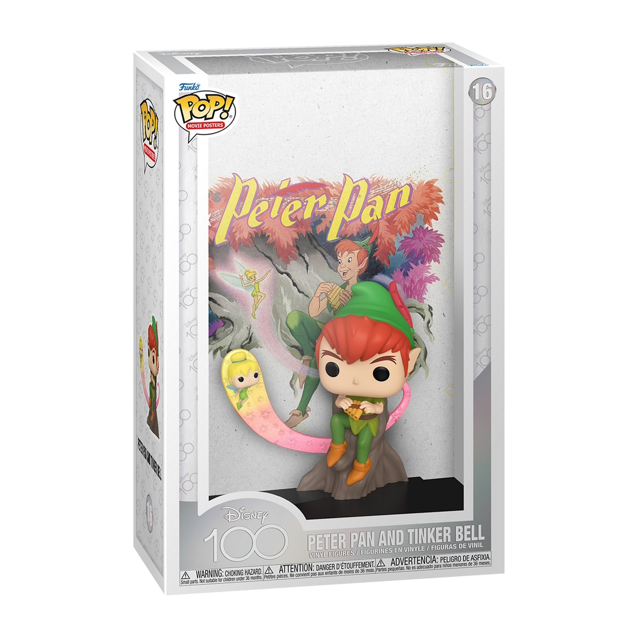 Peter Pan Funko Pop Figur in der Box. Er steht auf einer Basis mit einer Fee.