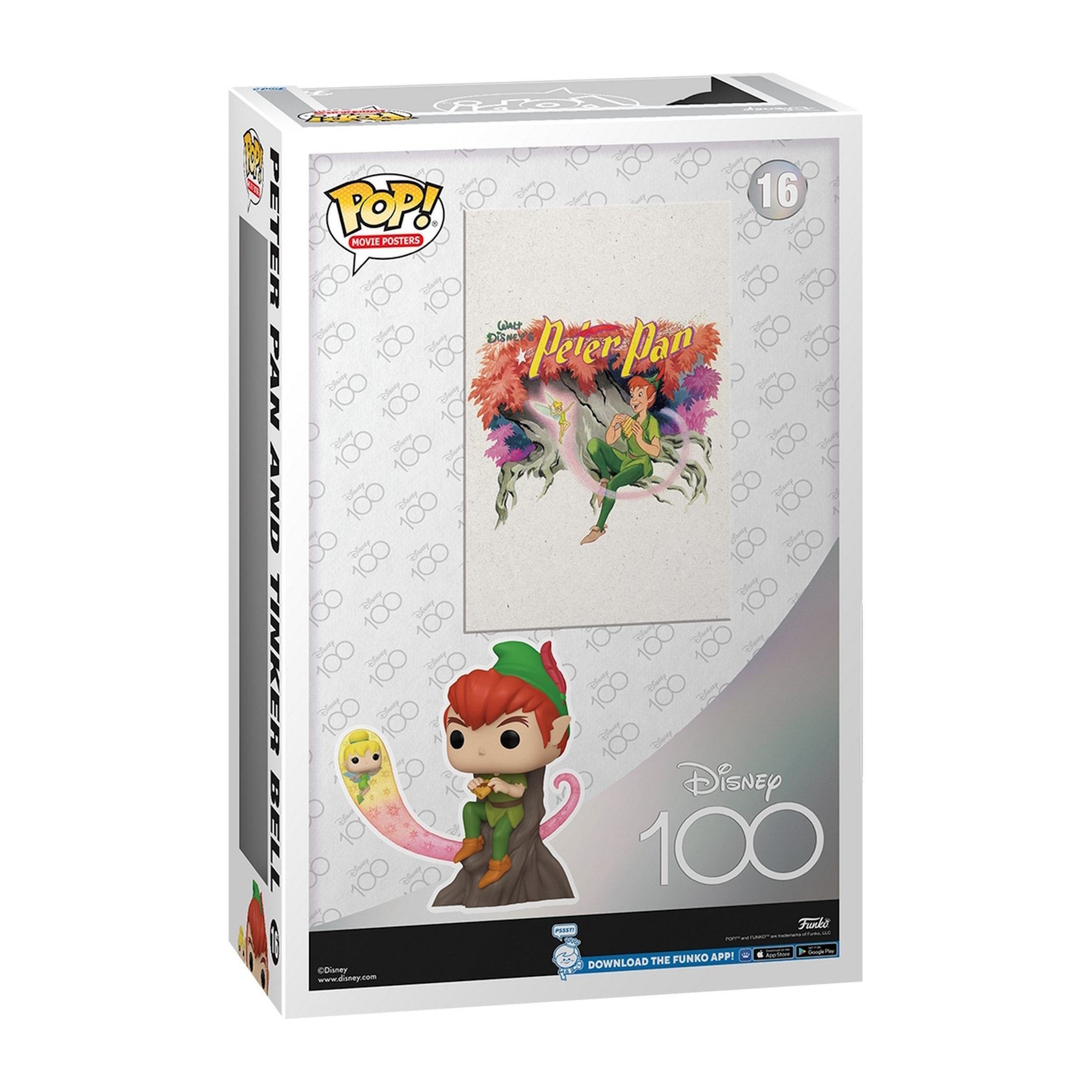 Peter Pan Funko Pop-Box. Es zeigt Peter Pan und Tinkerbell. Die Box hat ein Peter Pan-Poster auf der Vorderseite.