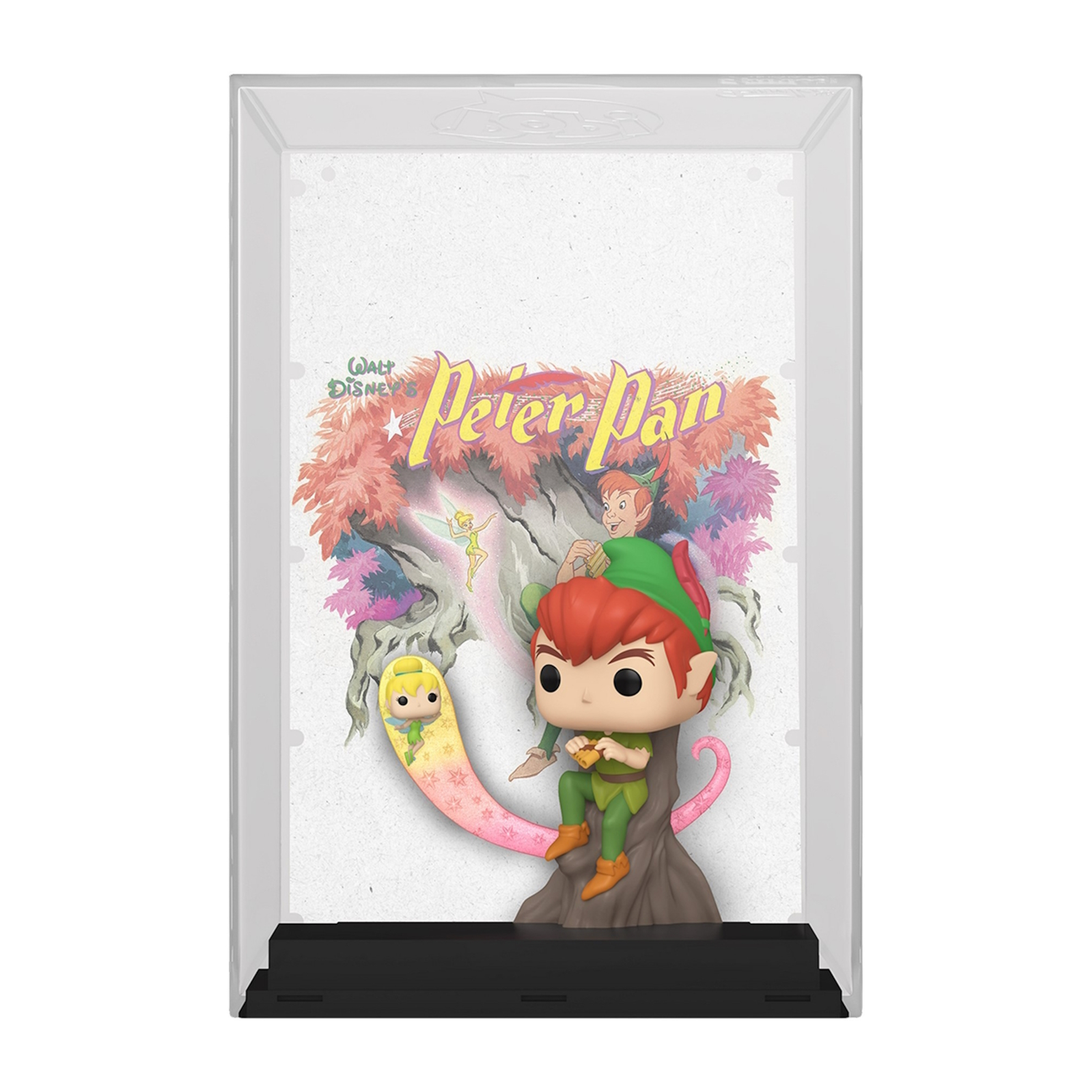 Eine Peter Pan Funko Pop Figur in einer Vitrine, mit der Figur und einer Hintergrundszene.