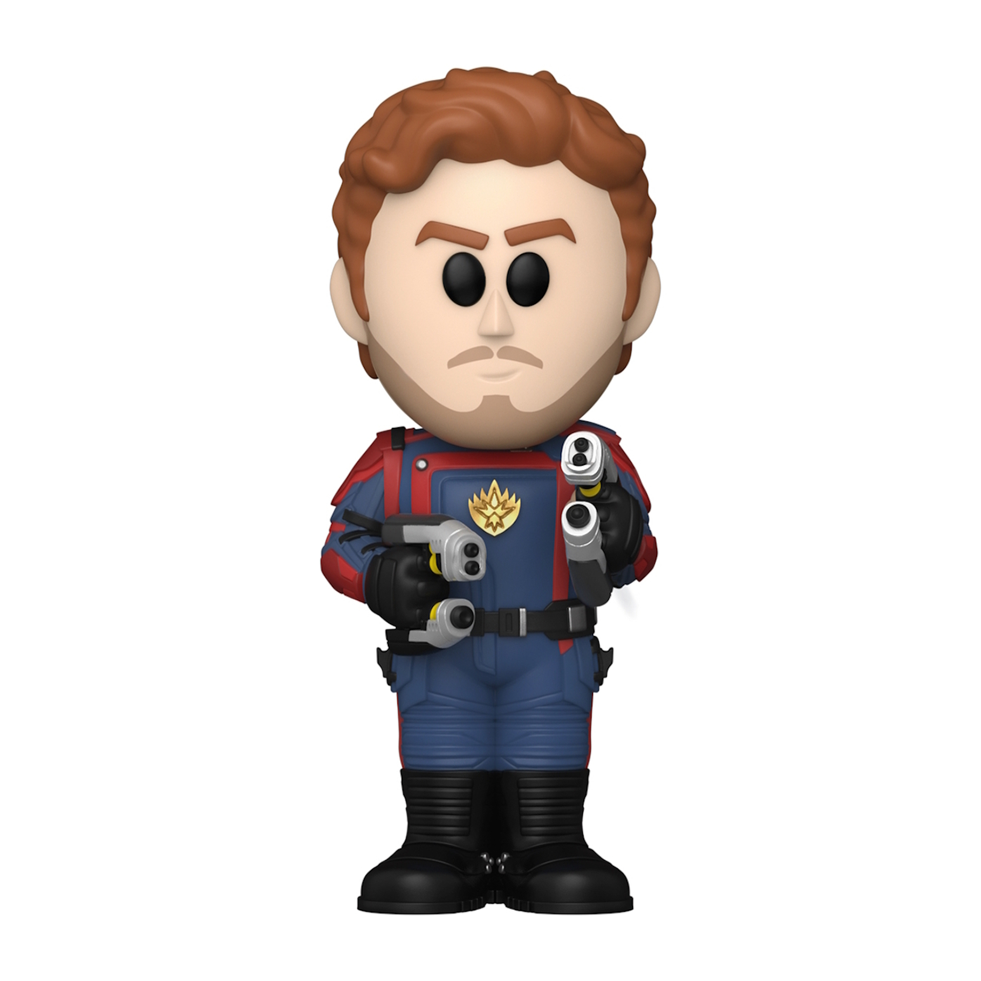 Star-Lord-Figur und -Box. Die Figur trägt eine blaue Uniform und hält Waffen.